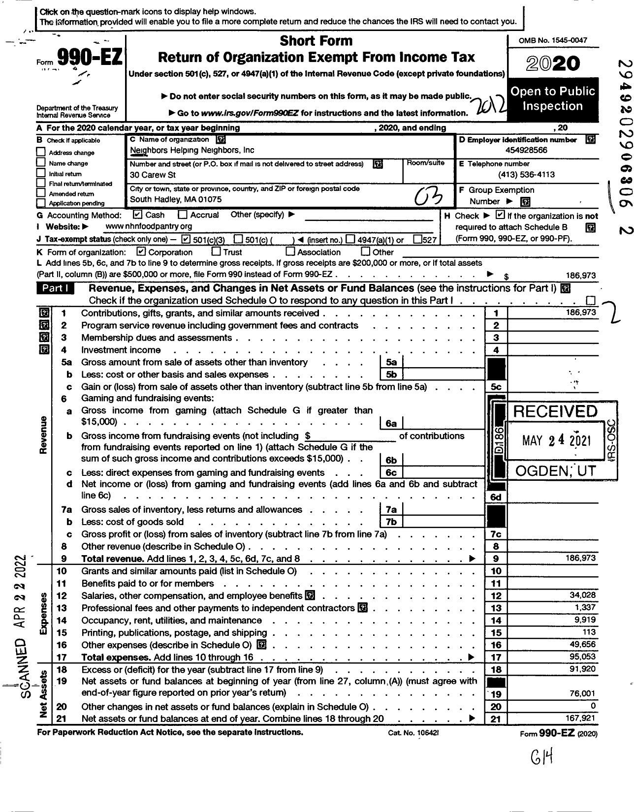 Image of first page of 2020 Form 990EZ for Neighbors Helping Neighbors