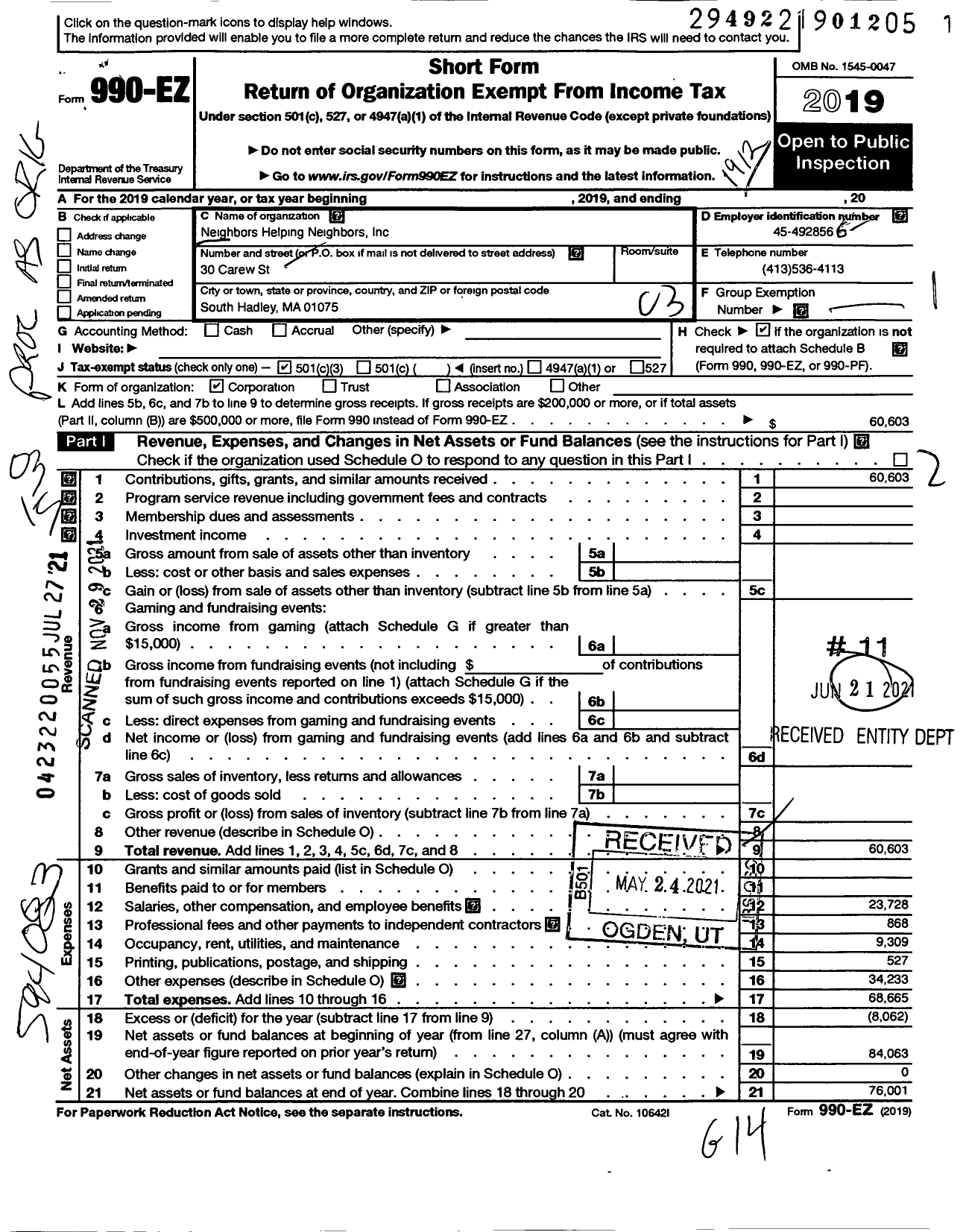 Image of first page of 2019 Form 990EZ for Neighbors Helping Neighbors