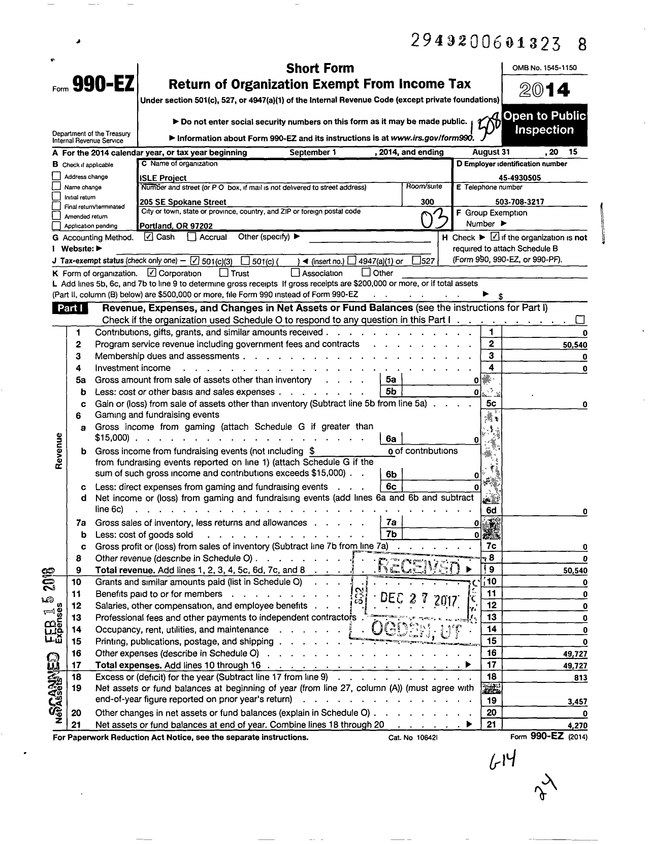 Image of first page of 2014 Form 990EZ for Isle Project