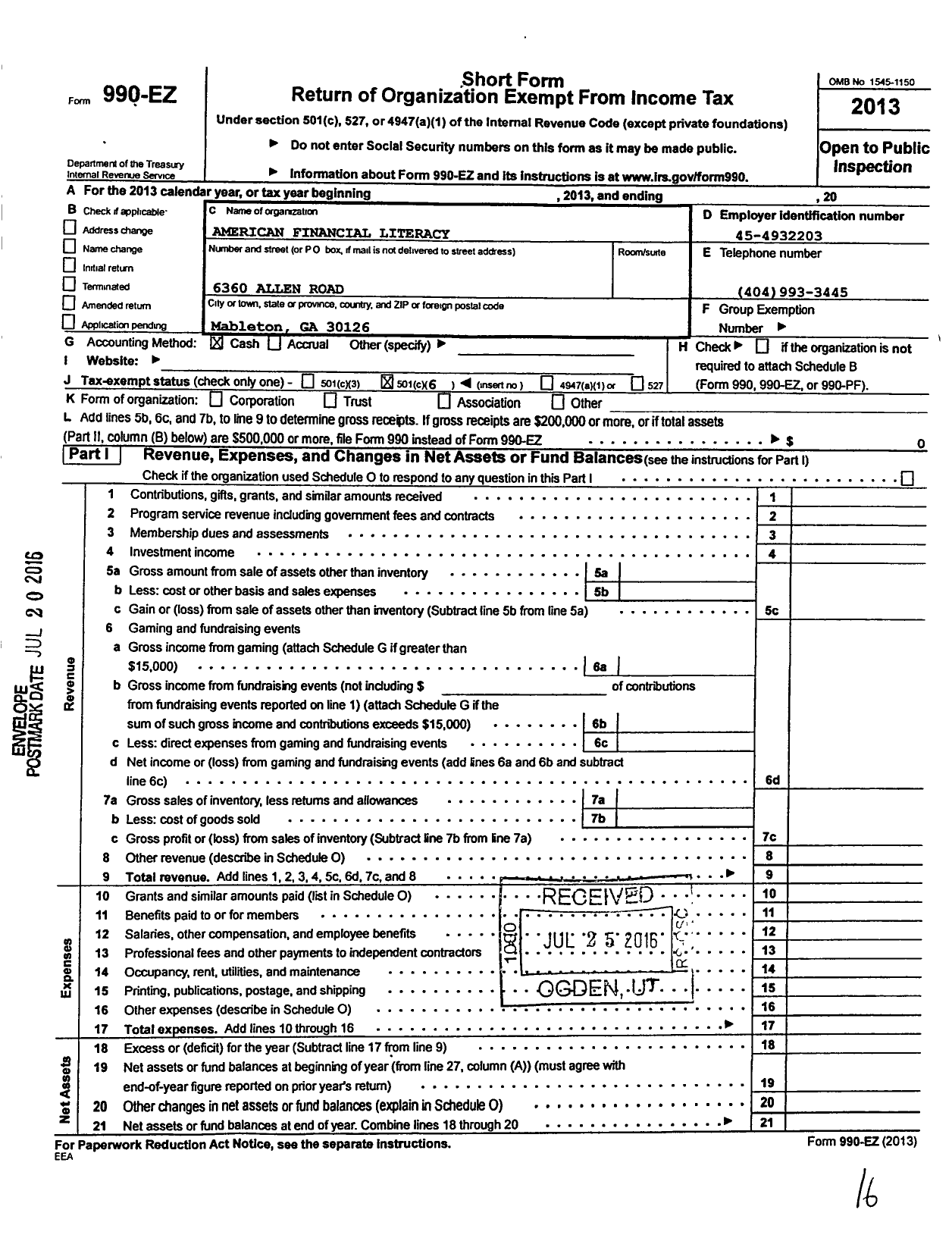 Image of first page of 2013 Form 990EO for American Financial Literacy Association