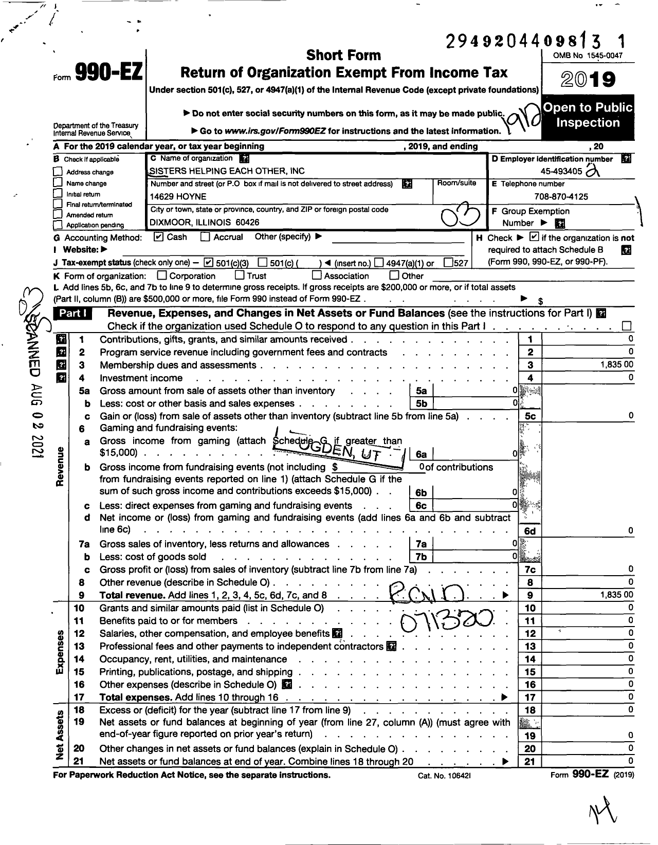 Image of first page of 2019 Form 990EZ for Sisters Helping Each Other