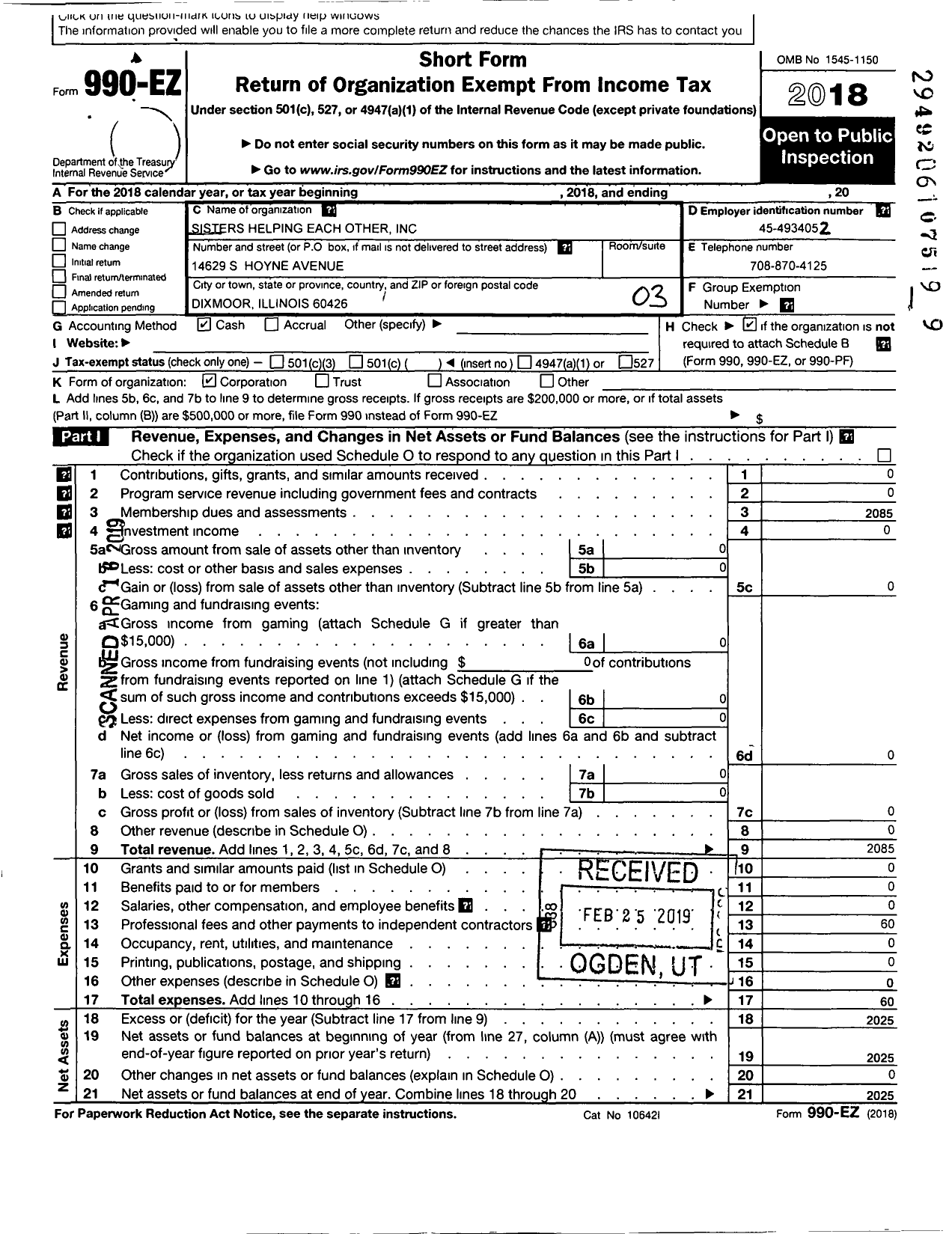 Image of first page of 2018 Form 990EZ for Sisters Helping Each Other