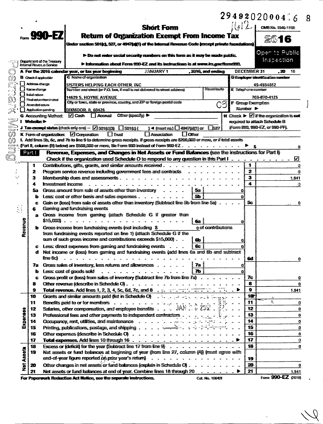 Image of first page of 2016 Form 990EZ for Sisters Helping Each Other