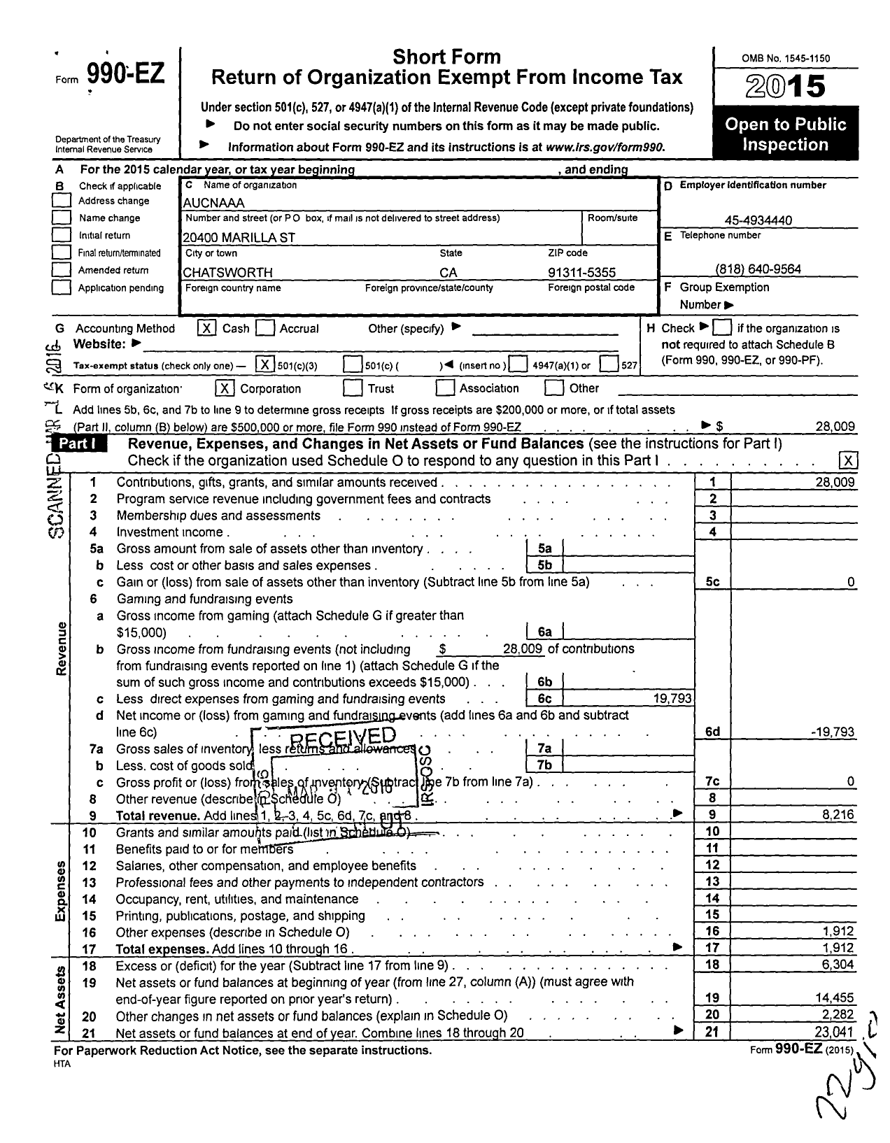 Image of first page of 2015 Form 990EZ for Aucnaaa