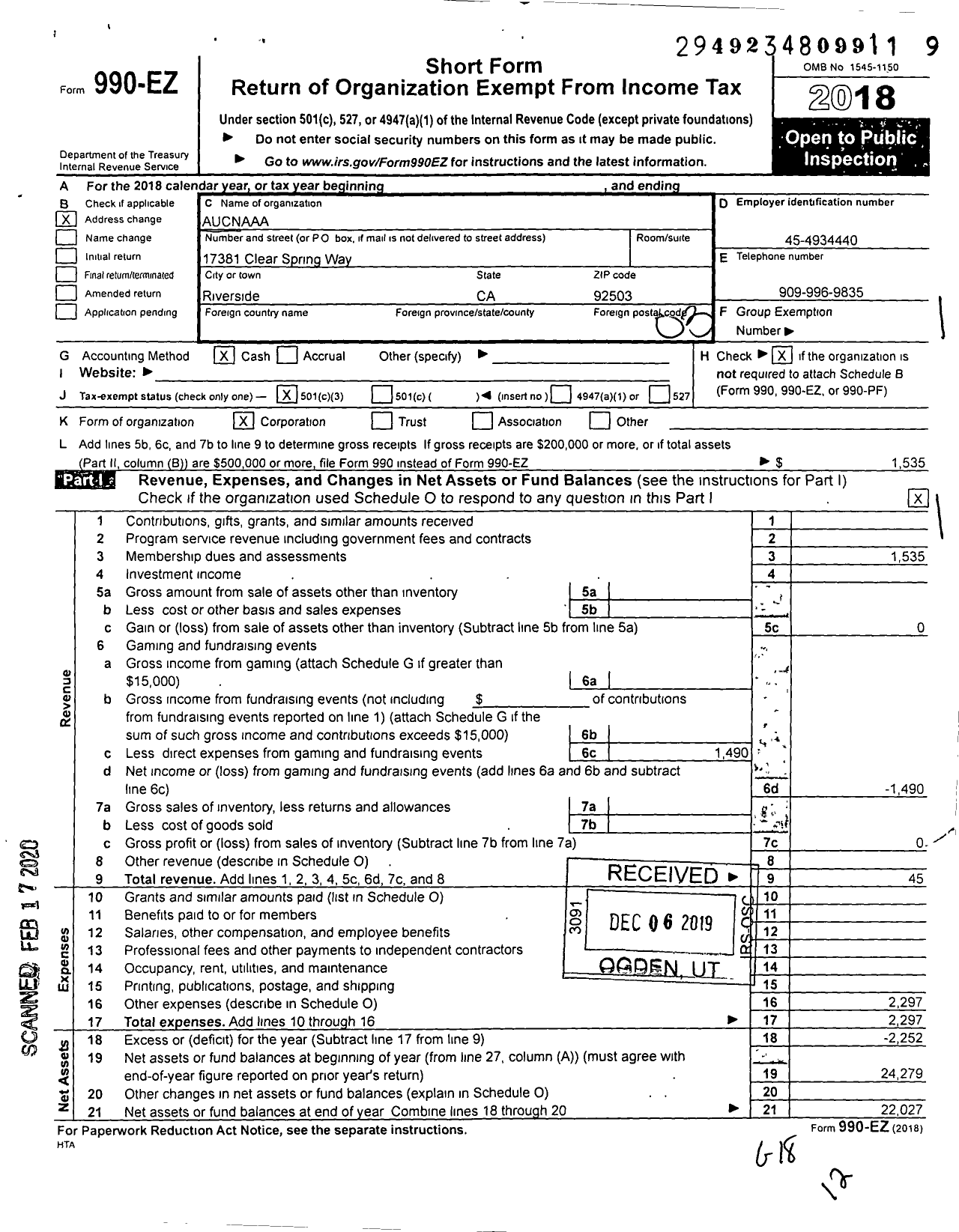 Image of first page of 2018 Form 990EZ for Aucnaaa