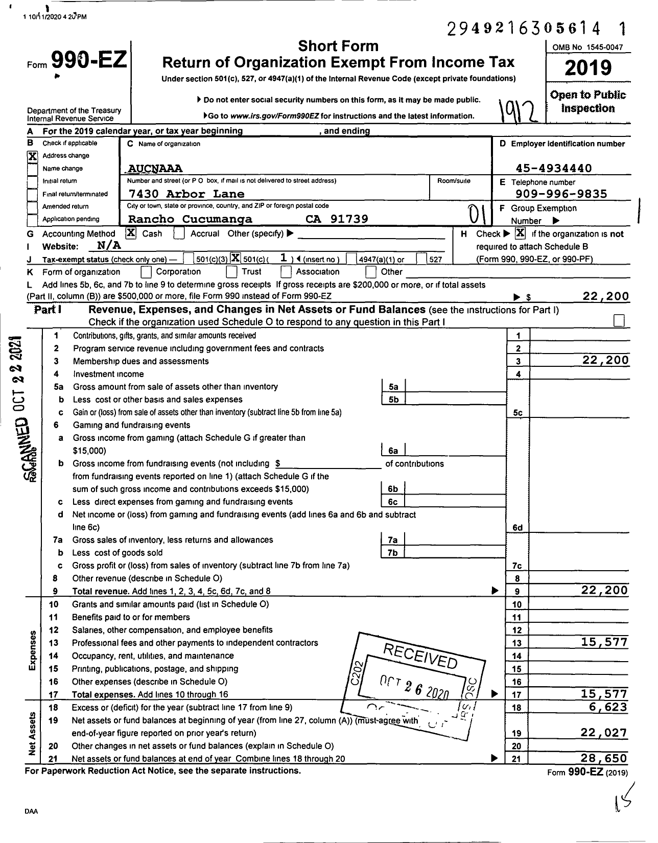 Image of first page of 2019 Form 990EO for Aucnaaa