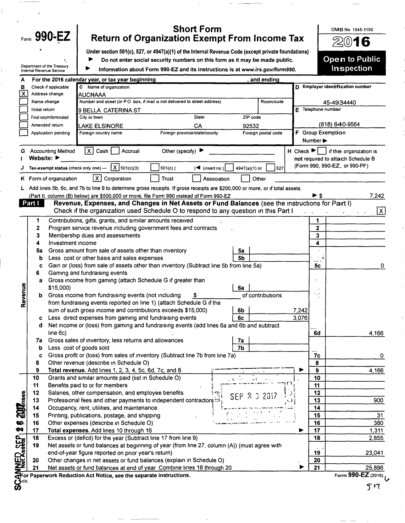 Image of first page of 2016 Form 990EZ for Aucnaaa