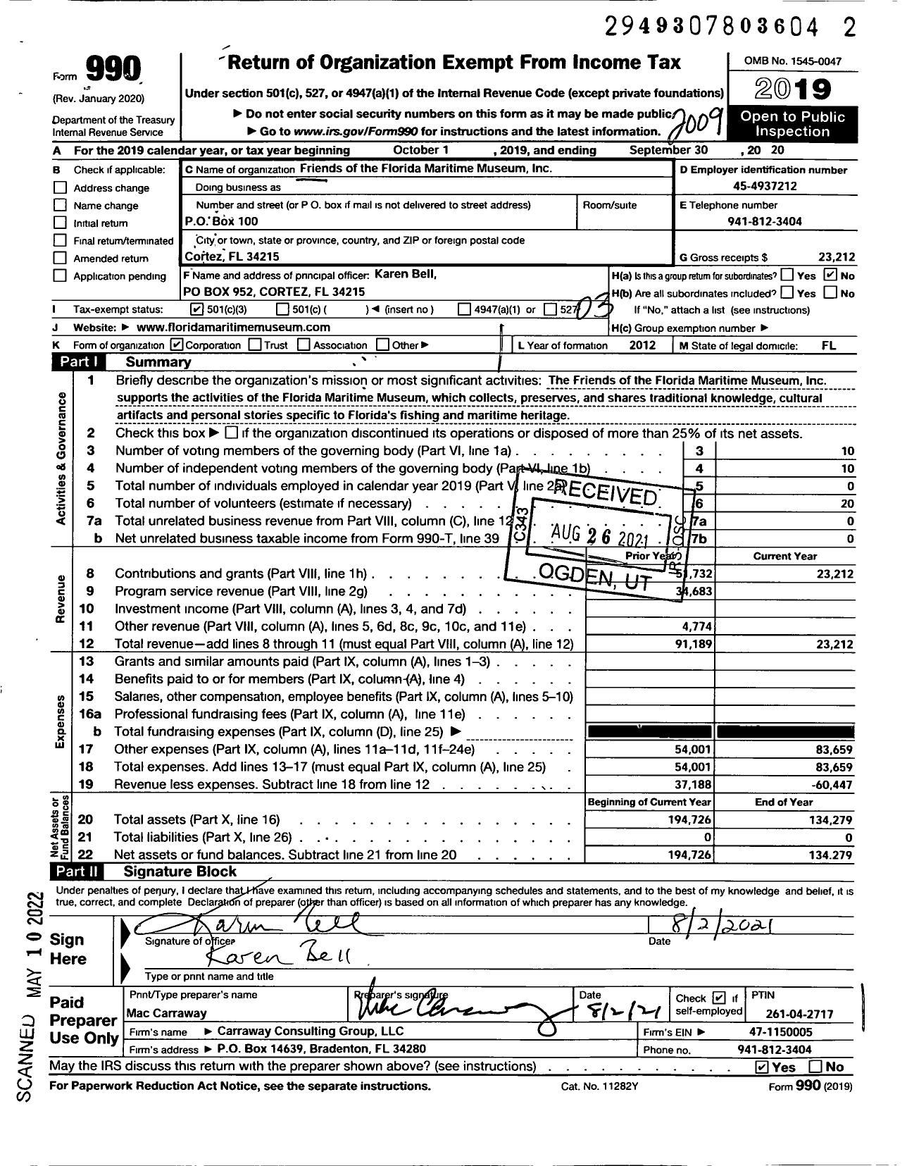 Image of first page of 2019 Form 990 for Friends of the Florida Maritime Museum