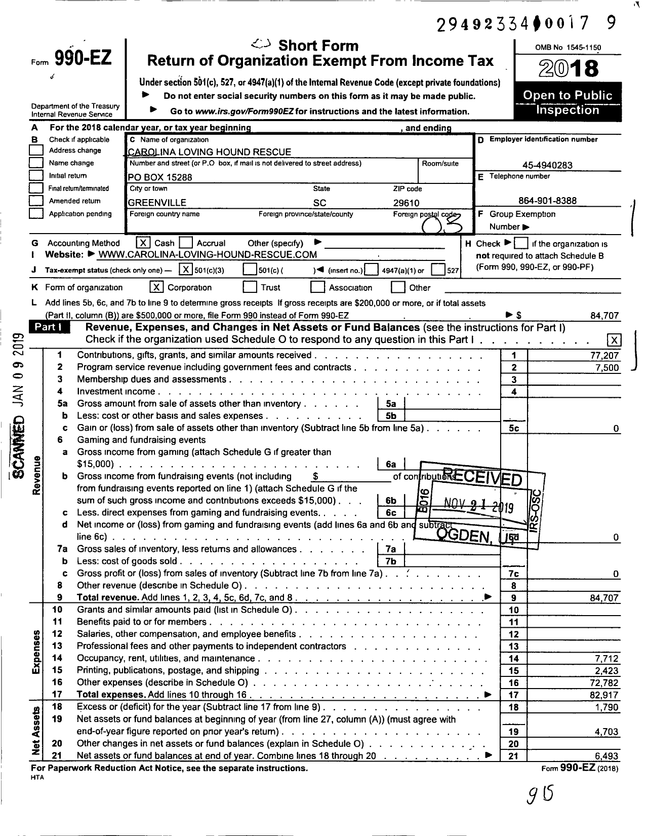 Image of first page of 2018 Form 990EZ for Carolina Loving Hound Rescue