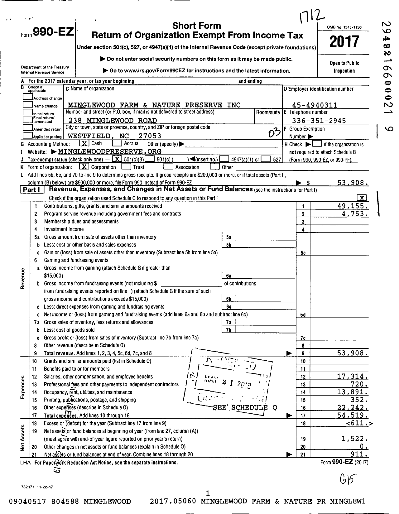 Image of first page of 2017 Form 990EZ for Minglewood Farm and Nature Preserve