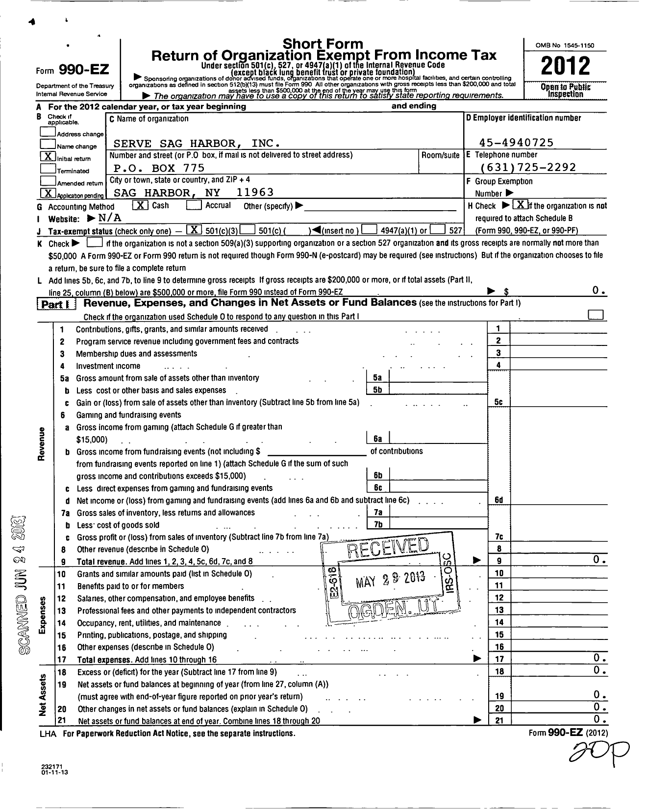 Image of first page of 2012 Form 990EZ for Sag Harbor Partnership