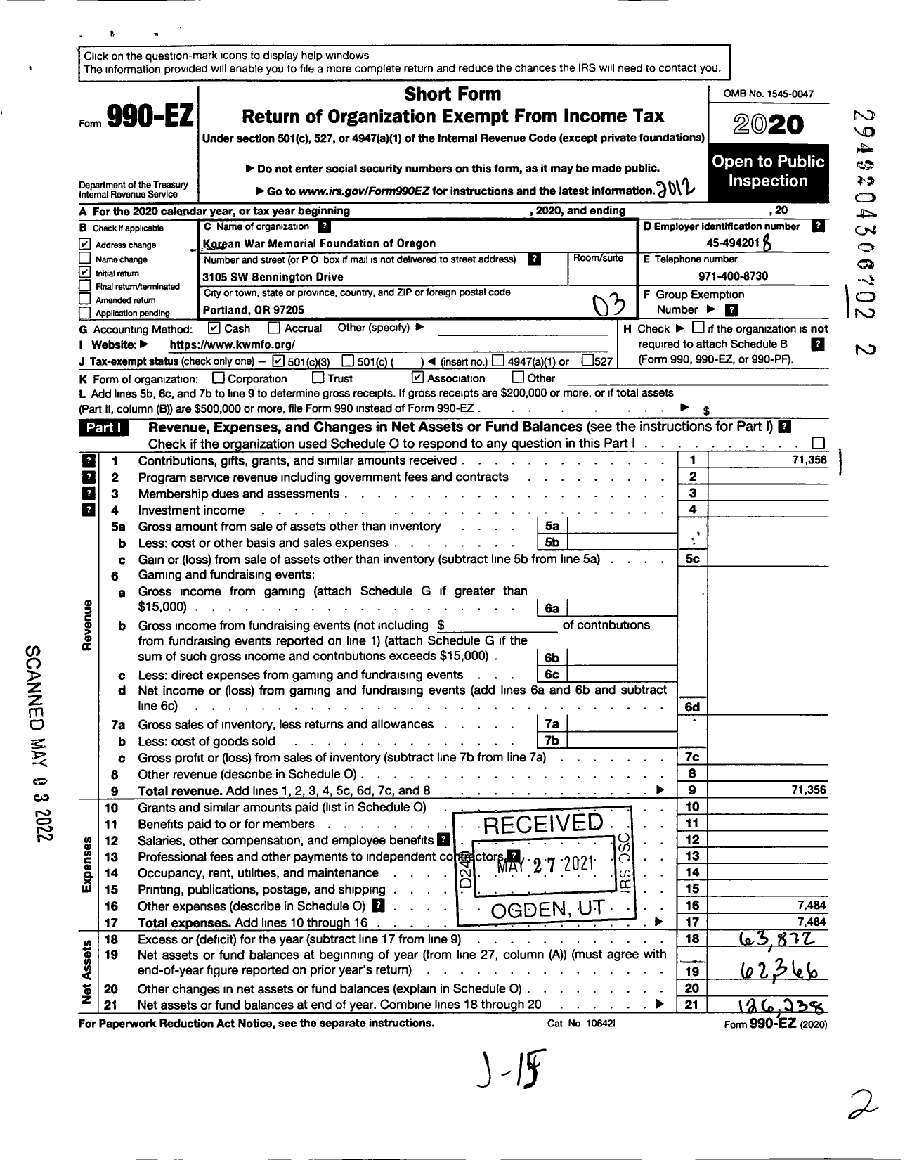 Image of first page of 2020 Form 990EZ for Korean War Memorial Foundation of Oregon