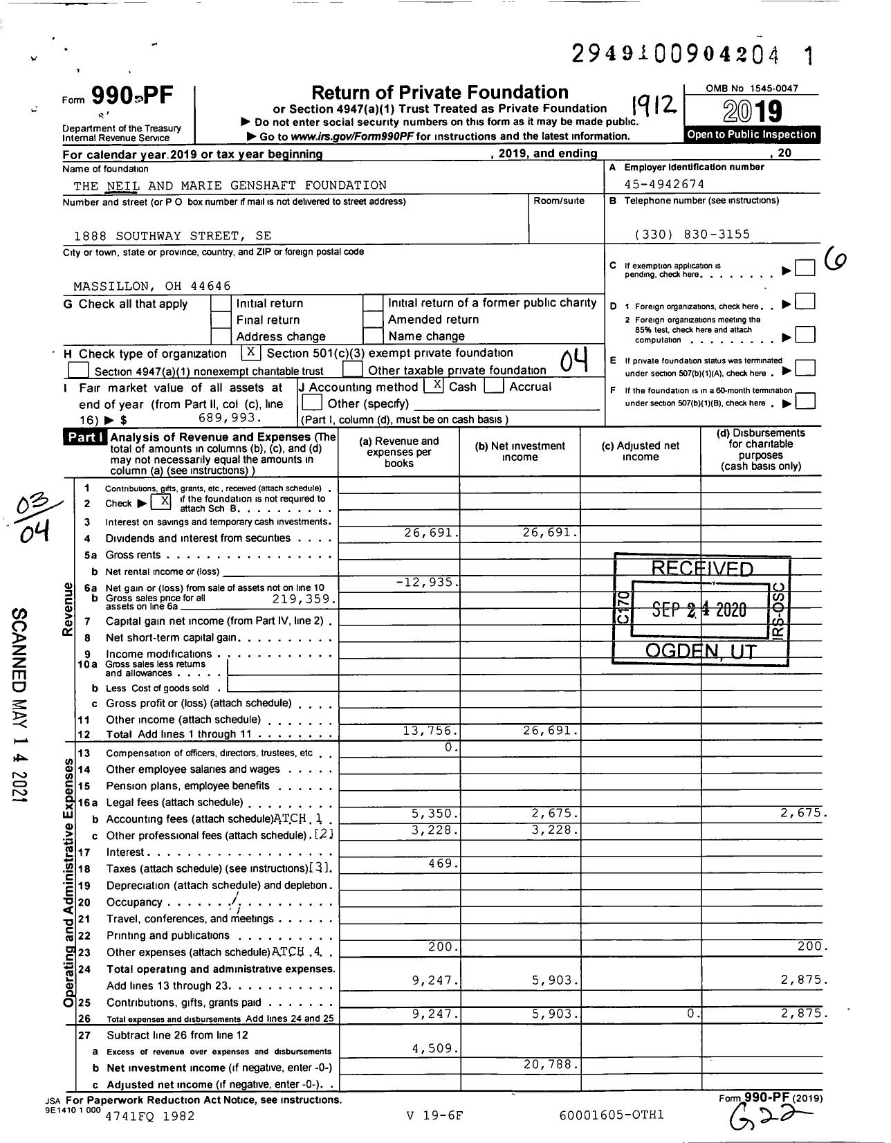 Image of first page of 2019 Form 990PF for The Neil and Marie Genshaft Foundation