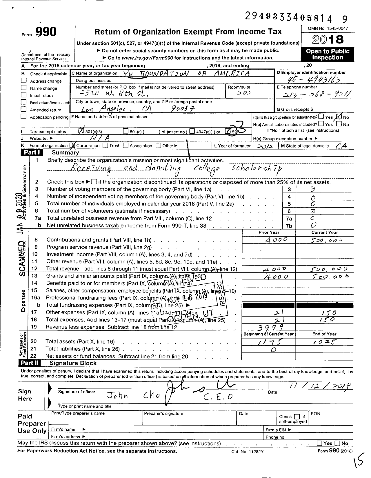 Image of first page of 2018 Form 990 for Yu Foundation of America