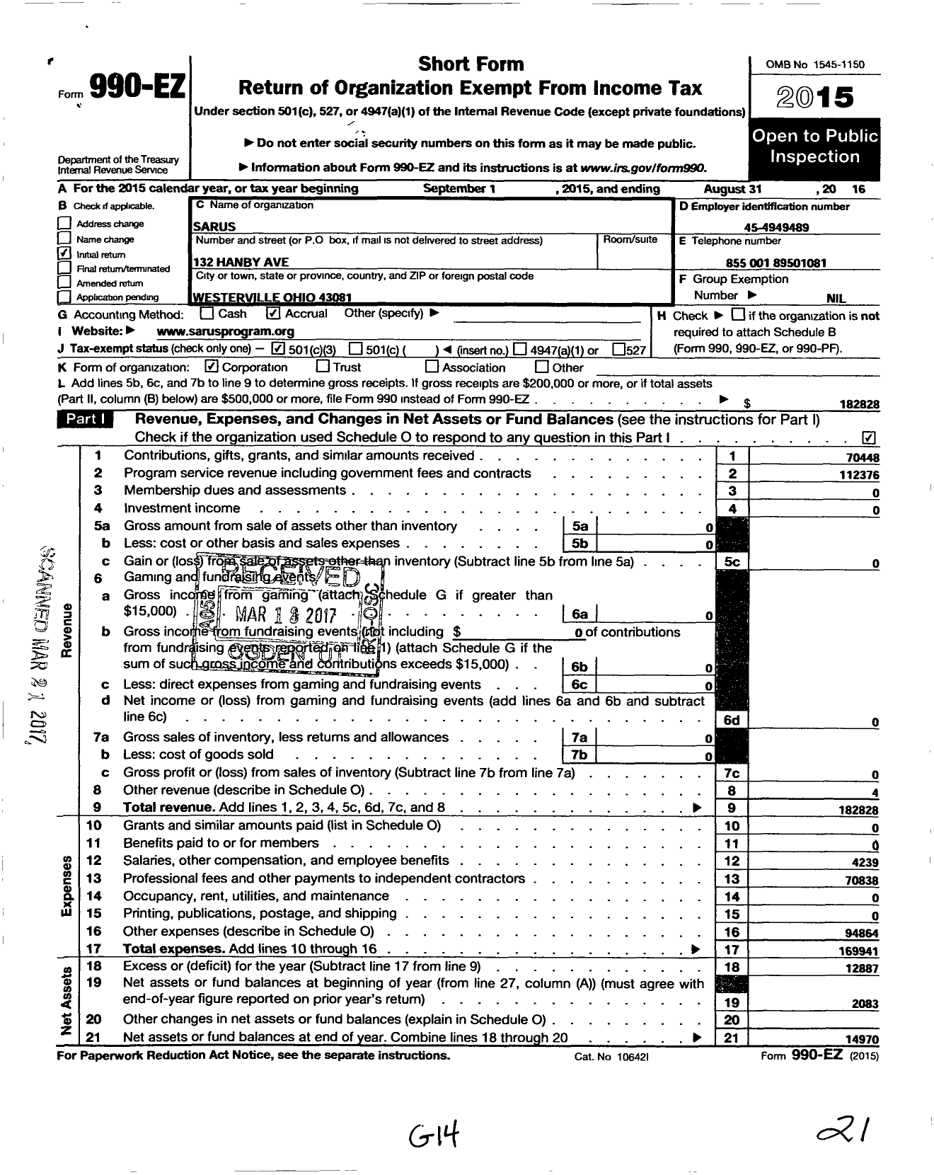 Image of first page of 2015 Form 990EZ for Sarus