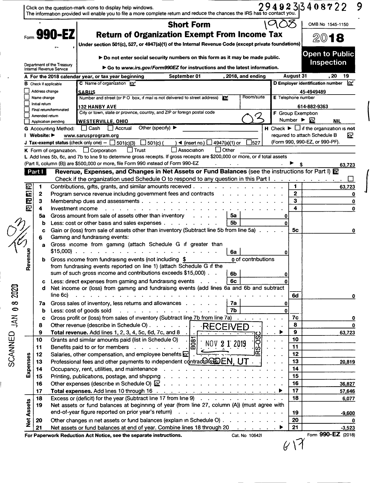 Image of first page of 2018 Form 990EZ for Sarus