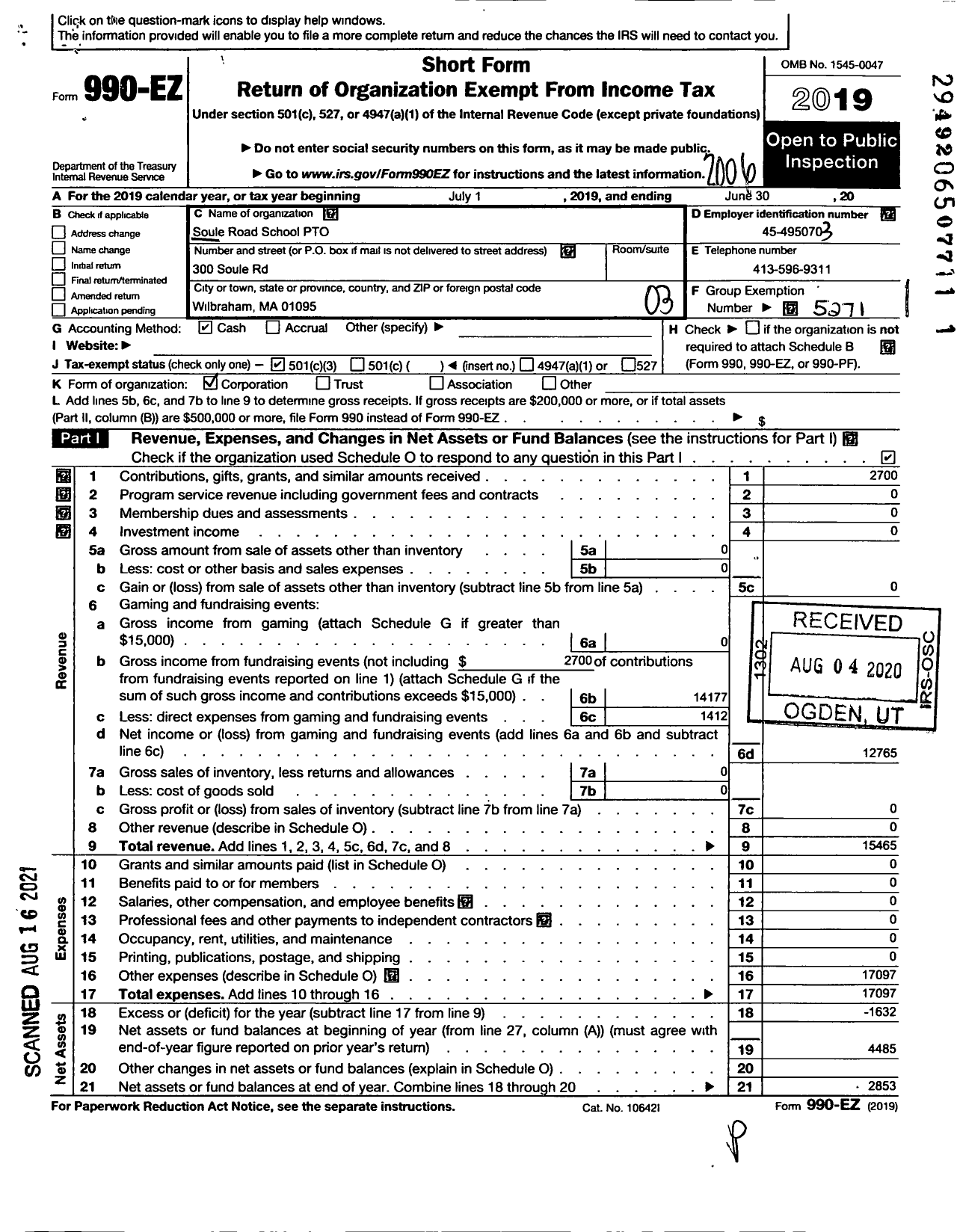 Image of first page of 2019 Form 990EZ for Parent Booster USA / Soule Road Elementary Pto Inc