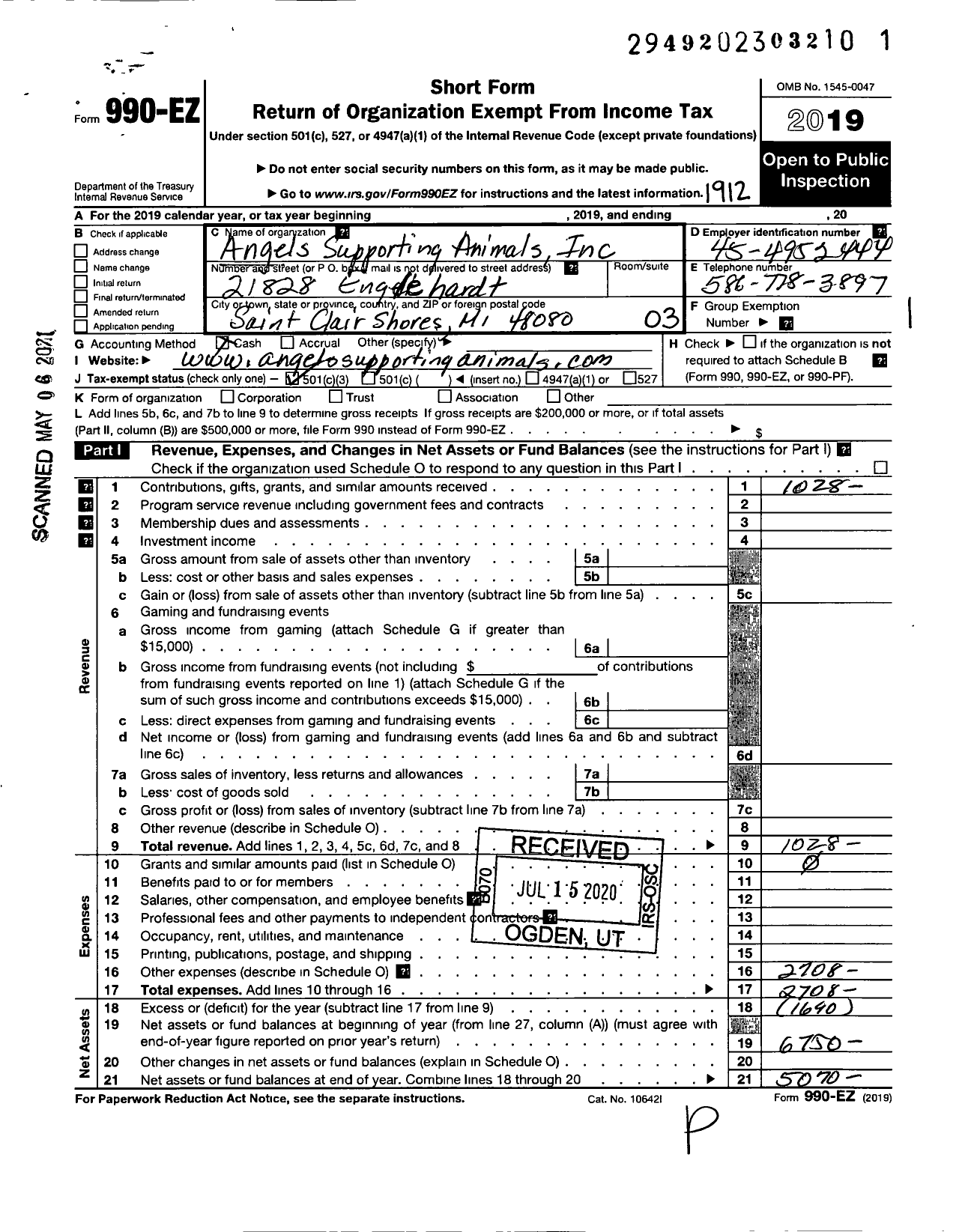 Image of first page of 2019 Form 990EZ for Angels Supporting Animals