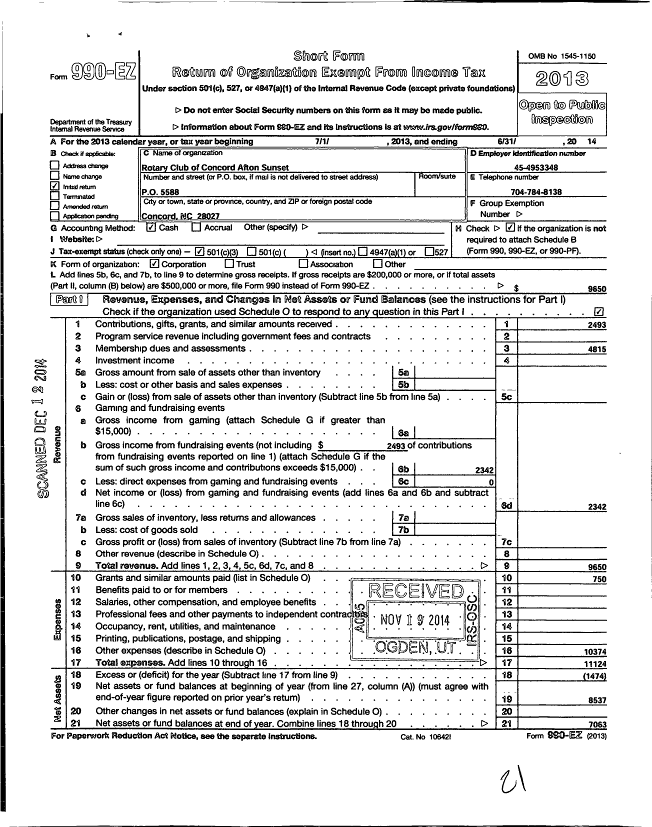 Image of first page of 2013 Form 990EZ for Rotary International - Concord-Afton Sunset NC