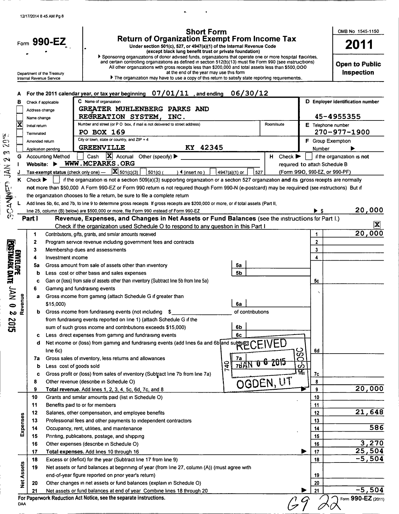 Image of first page of 2011 Form 990EZ for Greater Muhlenberg Parks and Recreation System (GMPRS)