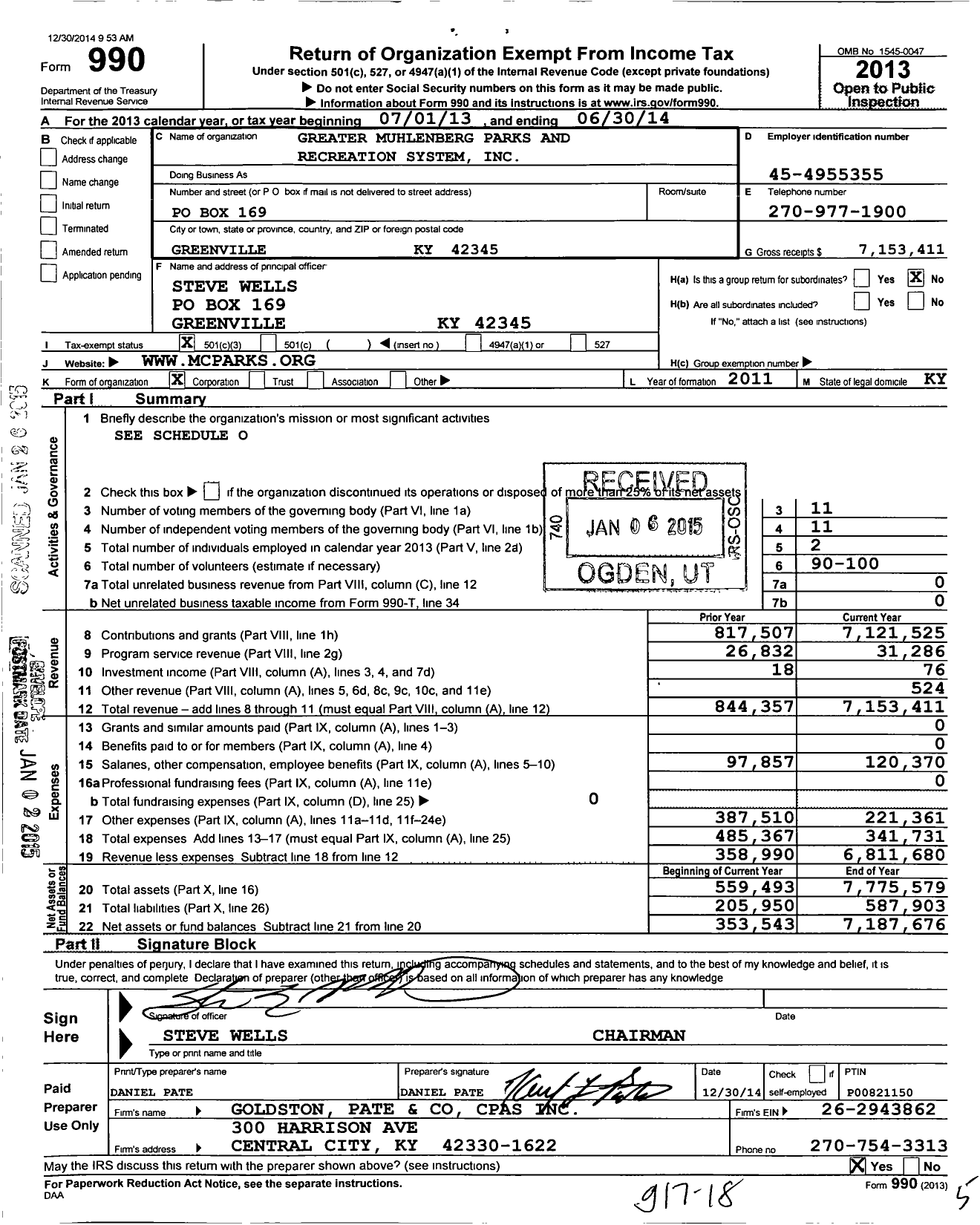 Image of first page of 2013 Form 990 for Greater Muhlenberg Parks and Recreation System (GMPRS)