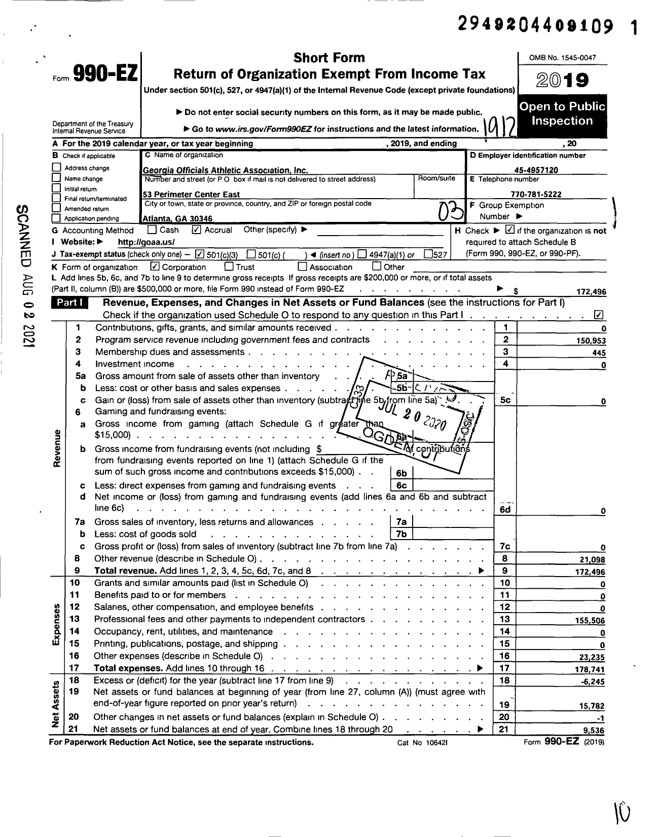 Image of first page of 2019 Form 990EZ for Georgia Officials Athletic Association