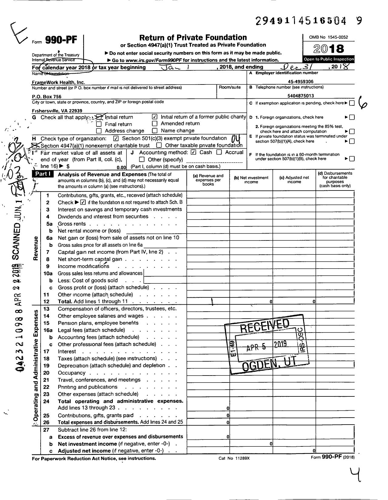 Image of first page of 2018 Form 990PF for Framework Health