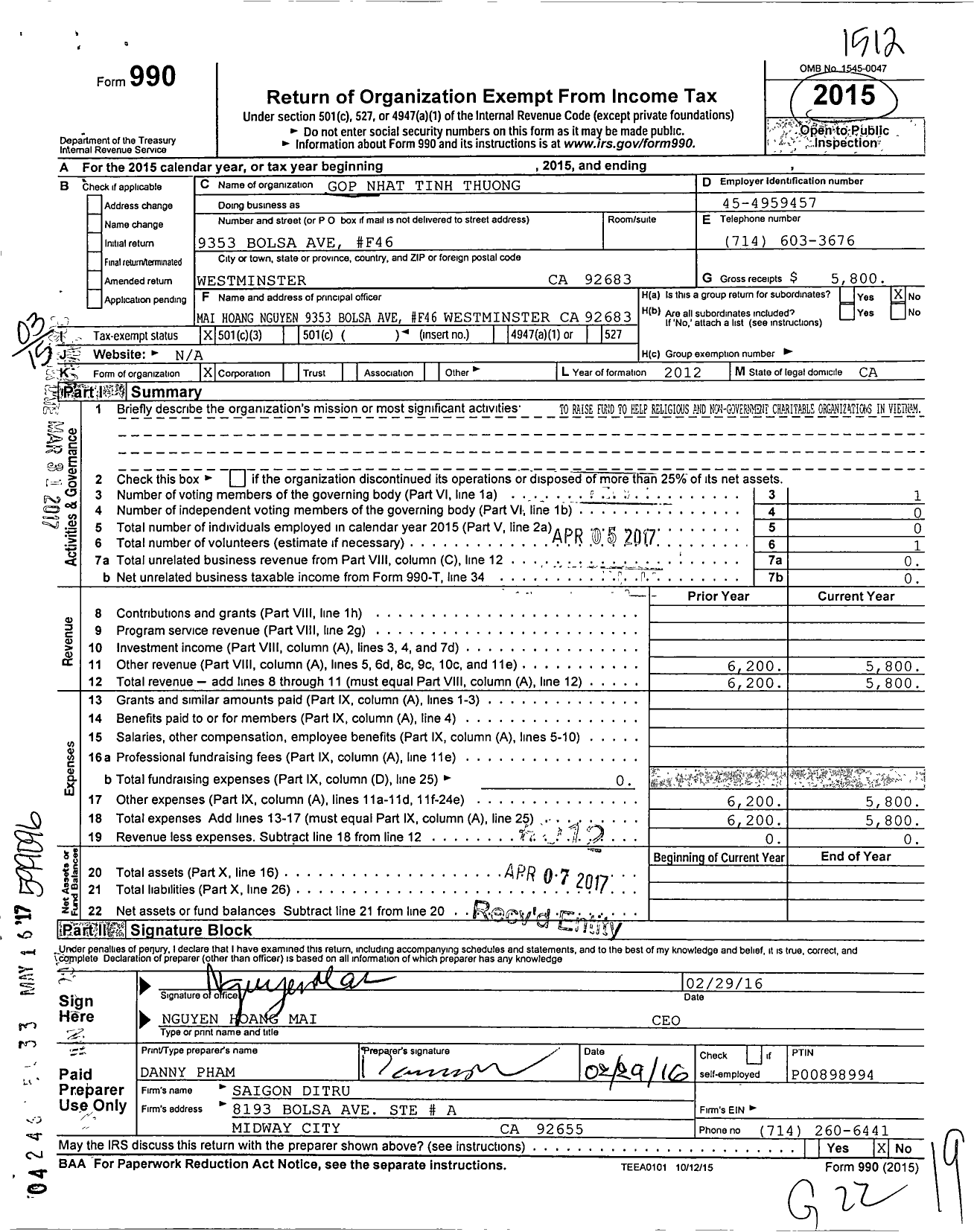 Image of first page of 2015 Form 990 for Gop Nhat Tinh Thuong A California Public Benefit Corporation