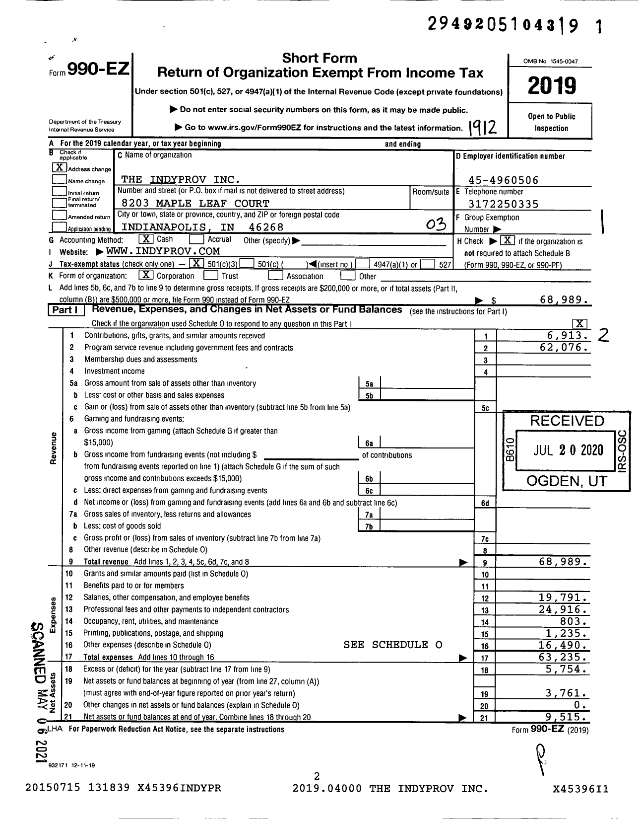 Image of first page of 2019 Form 990EZ for The IndyPRov