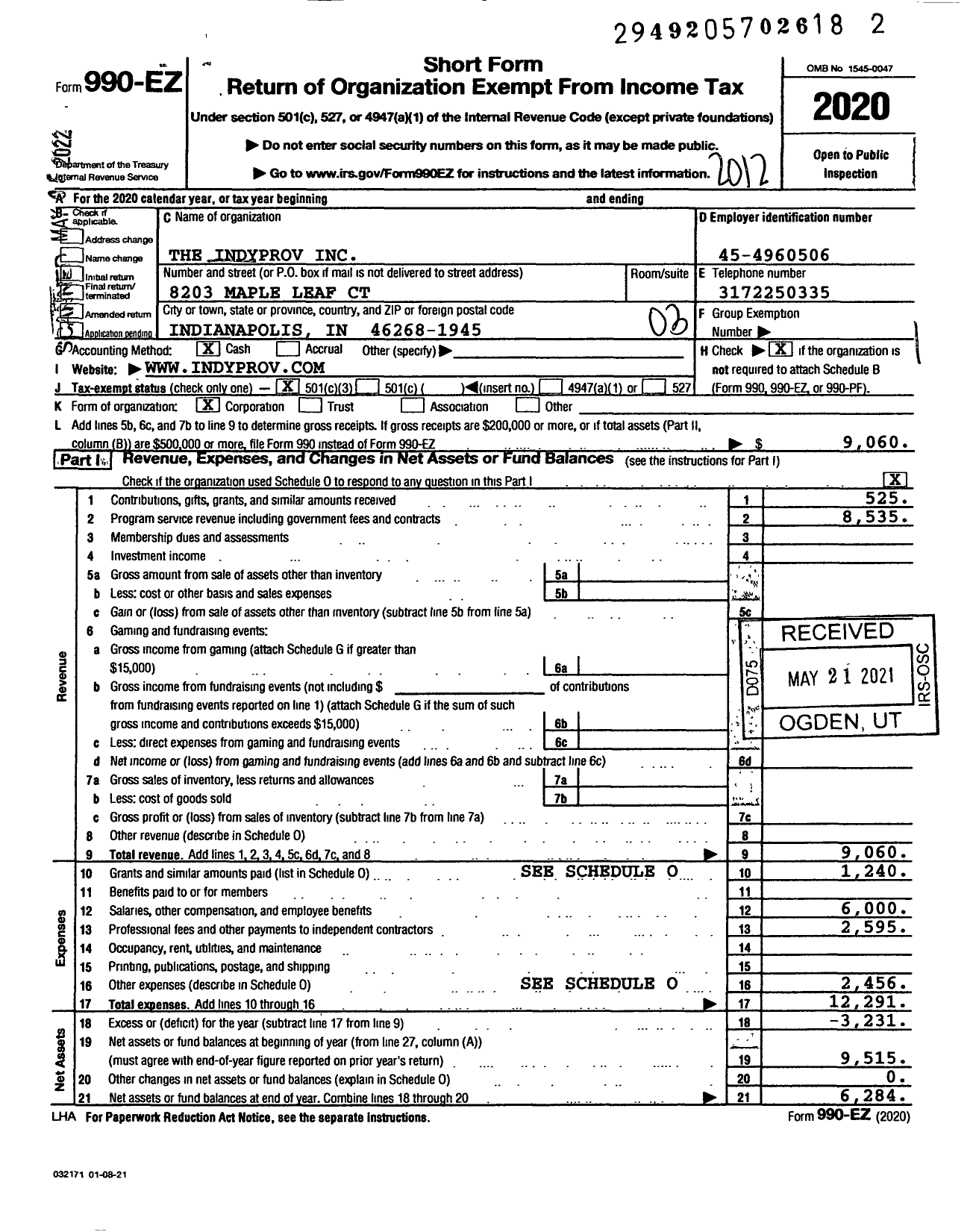 Image of first page of 2020 Form 990EZ for The IndyPRov