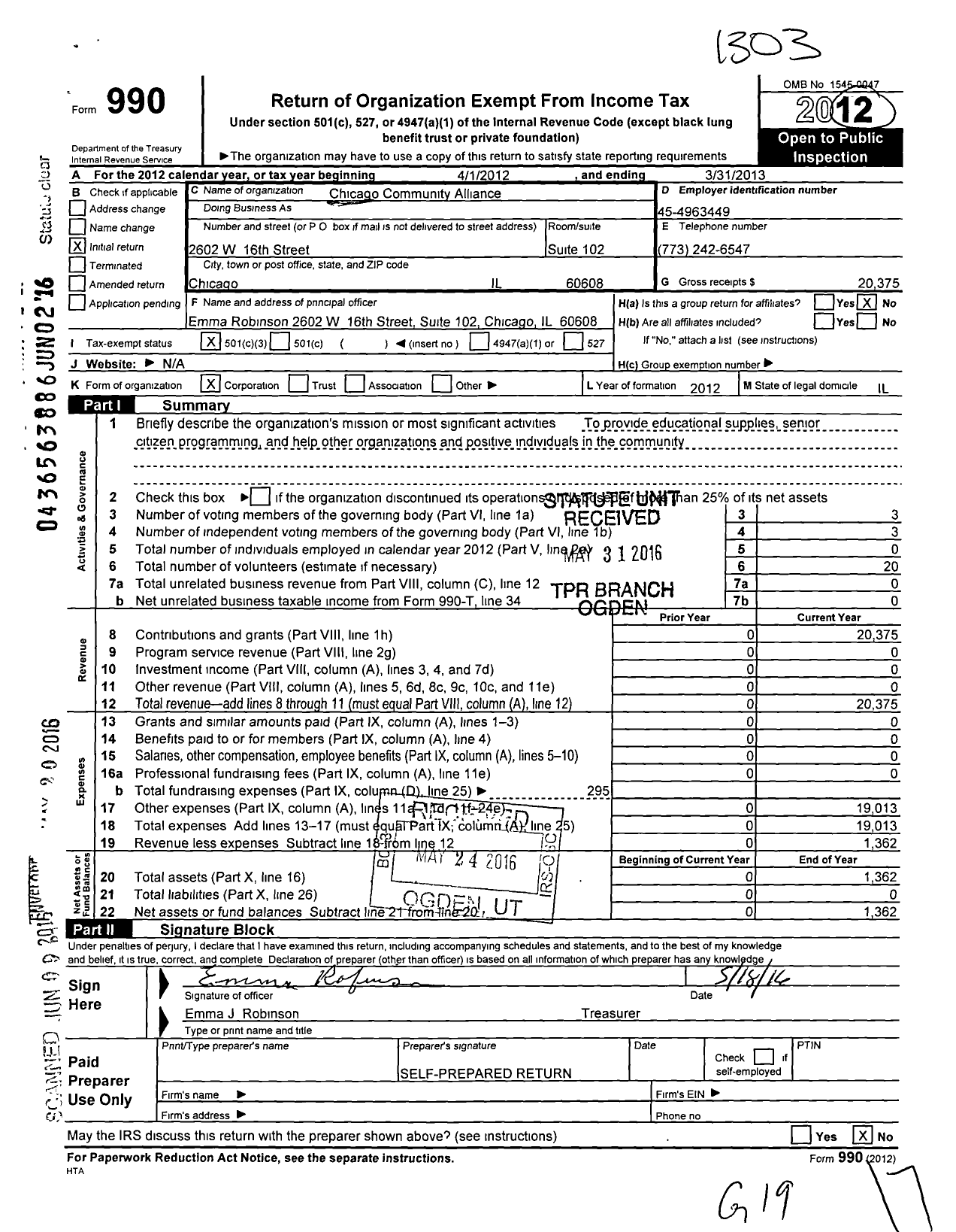 Image of first page of 2012 Form 990 for Chicago Community Alliance