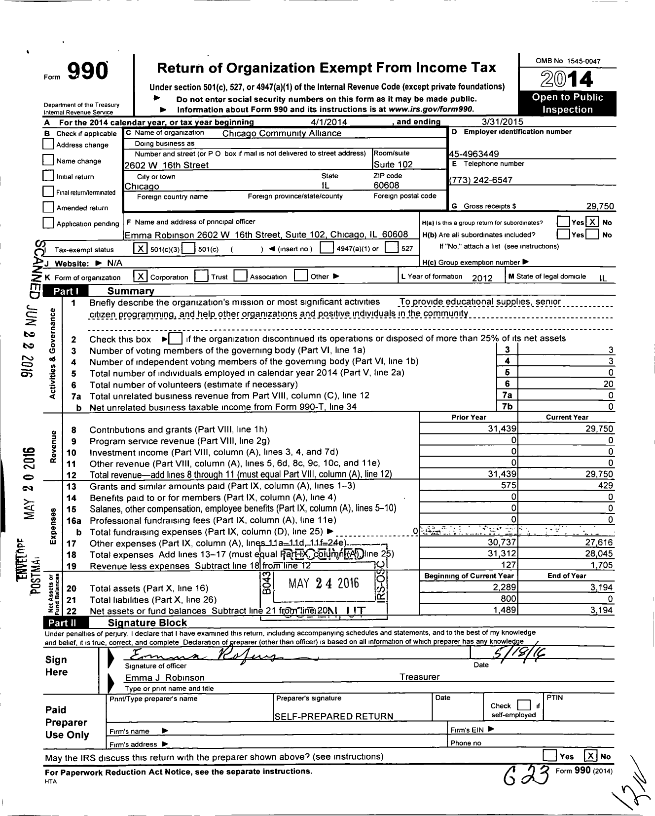 Image of first page of 2014 Form 990 for Chicago Community Alliance