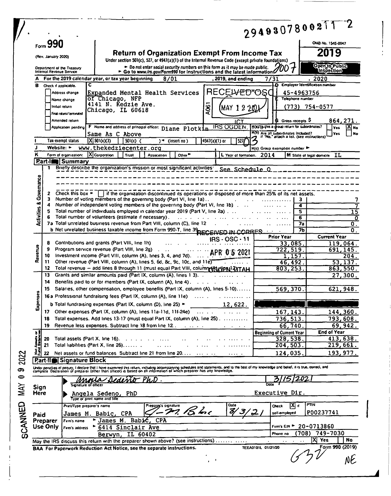 Image of first page of 2019 Form 990 for Expanded Mental Health Services of Chicago NFP