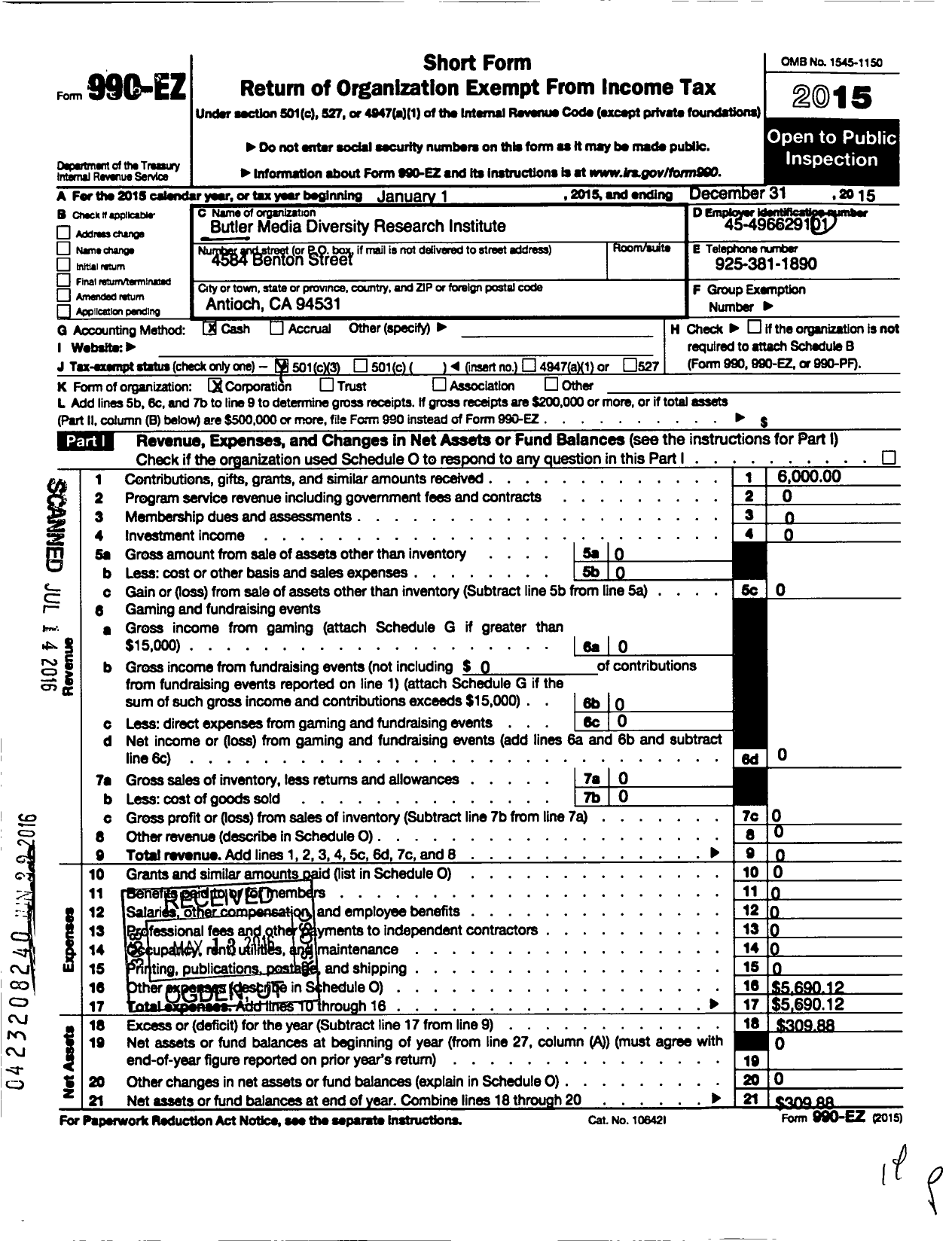 Image of first page of 2015 Form 990EZ for Butler Media Diversity Research Institute