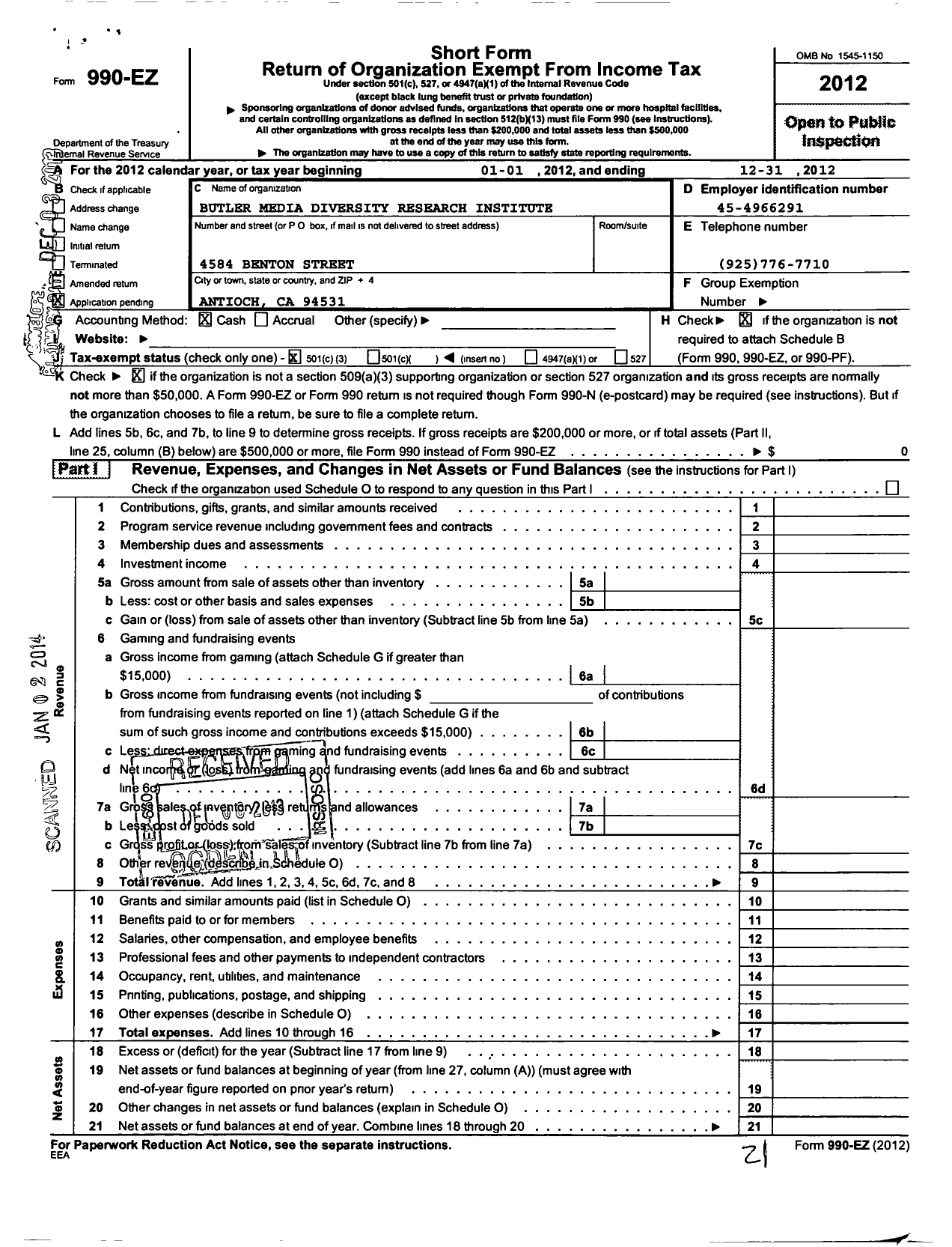 Image of first page of 2012 Form 990EZ for Butler Media Diversity Research Institute