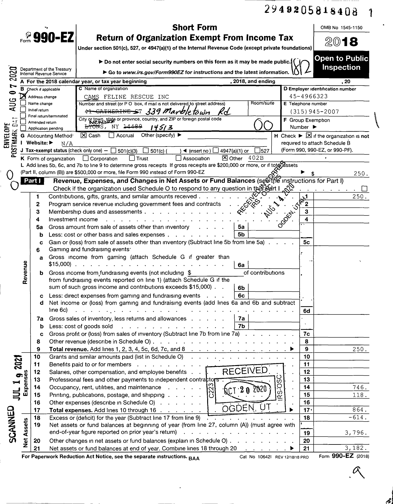 Image of first page of 2018 Form 990EO for Cams Feline Rescue