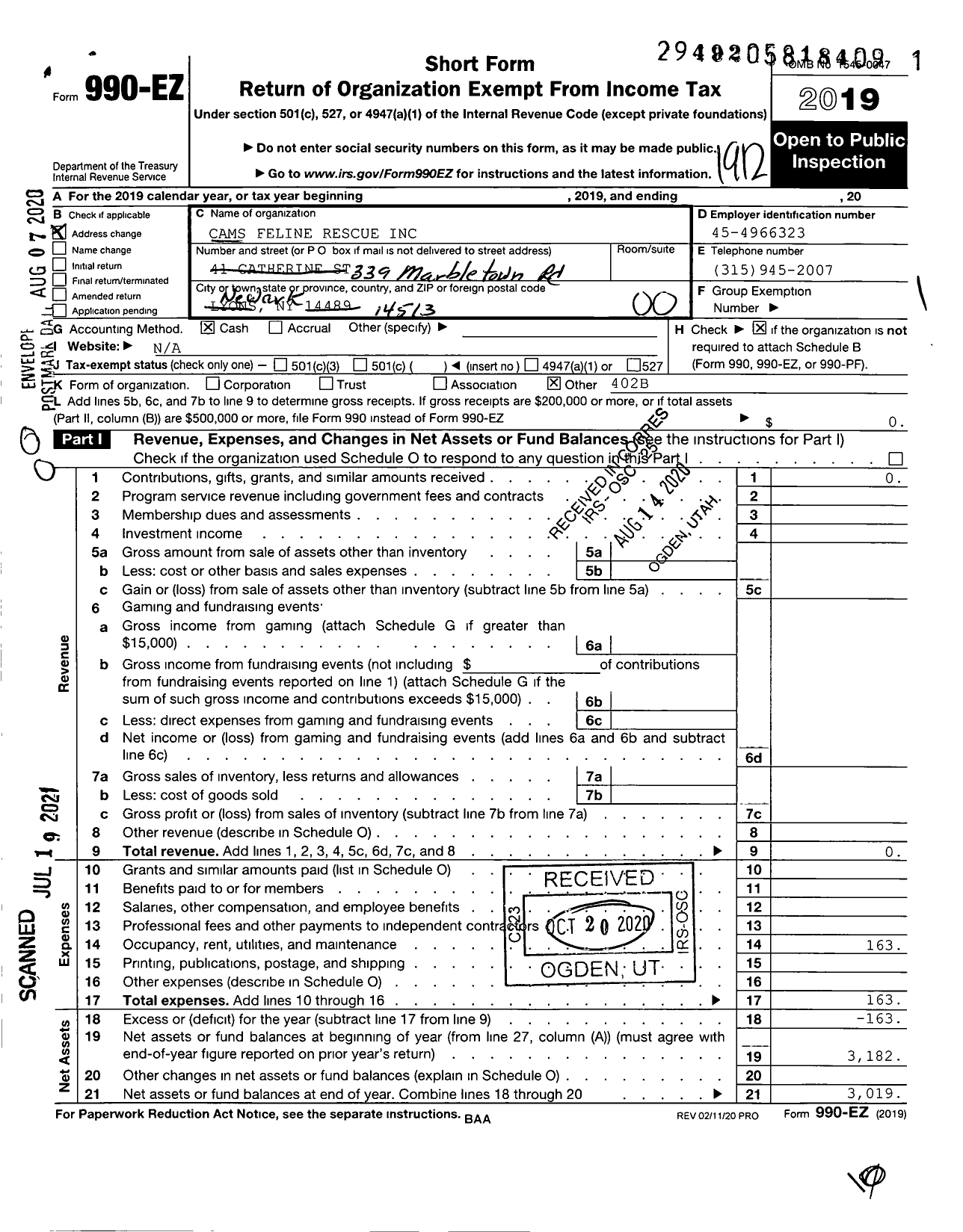 Image of first page of 2019 Form 990EO for Cams Feline Rescue