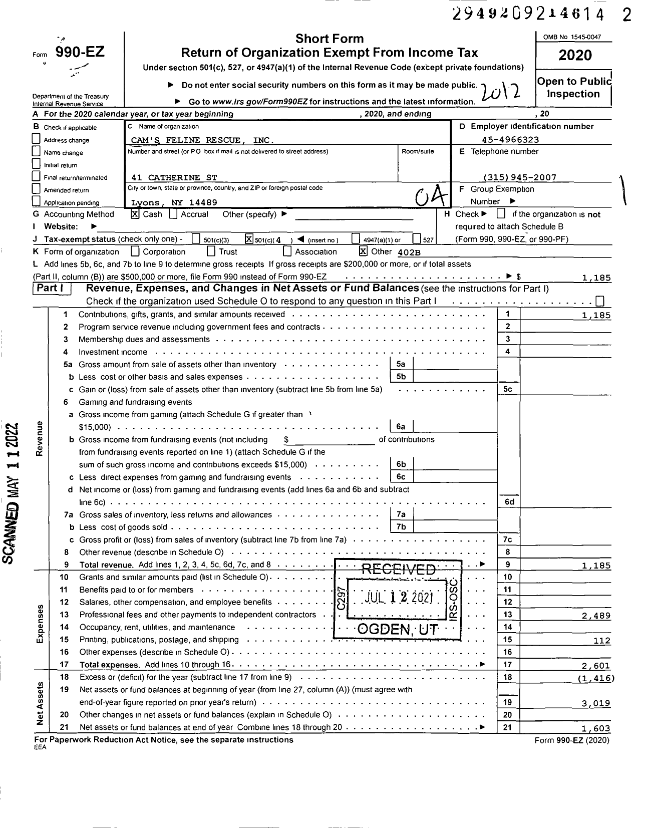 Image of first page of 2020 Form 990EO for Cams Feline Rescue