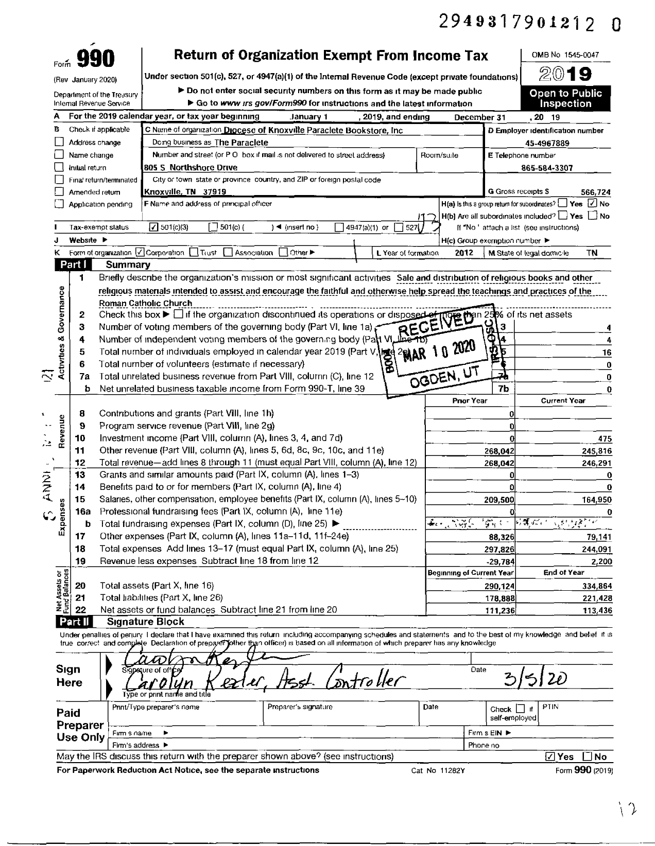 Image of first page of 2019 Form 990 for The Paraclete