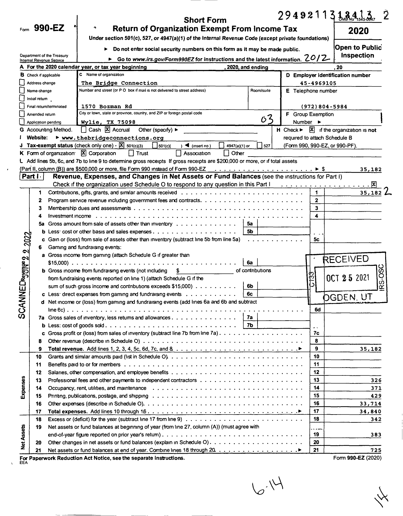 Image of first page of 2020 Form 990EZ for The Bridge Connection