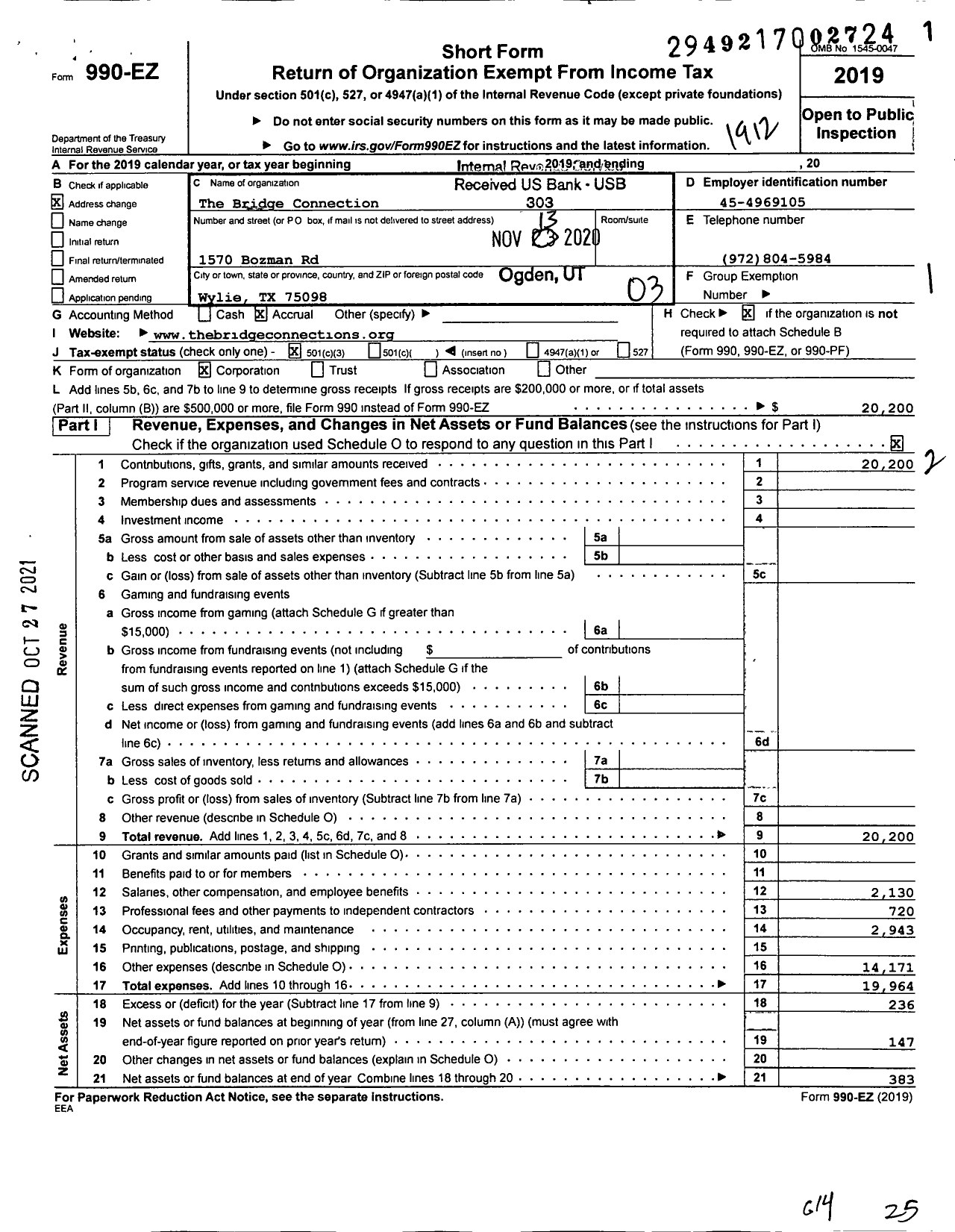 Image of first page of 2019 Form 990EZ for The Bridge Connection