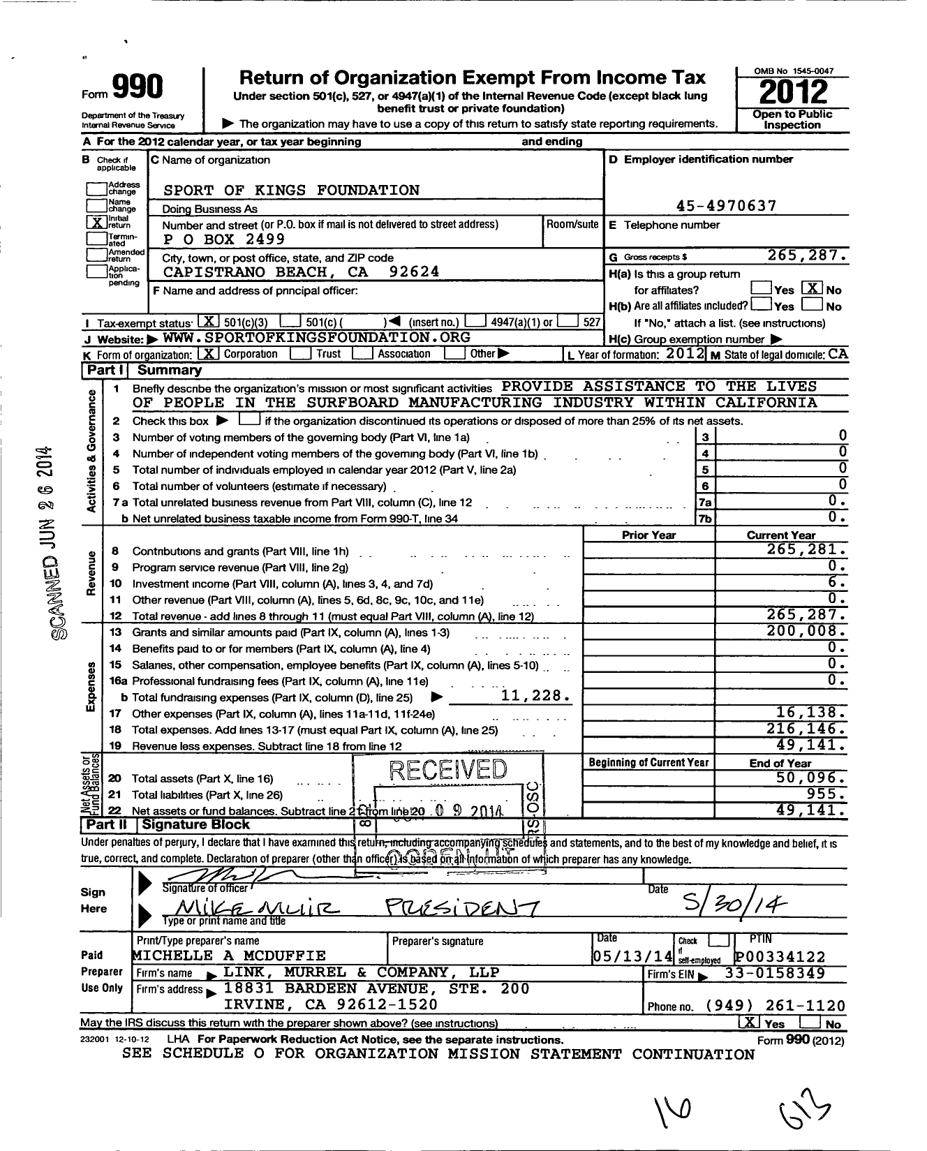 Image of first page of 2012 Form 990 for Sport of Kings Foundation