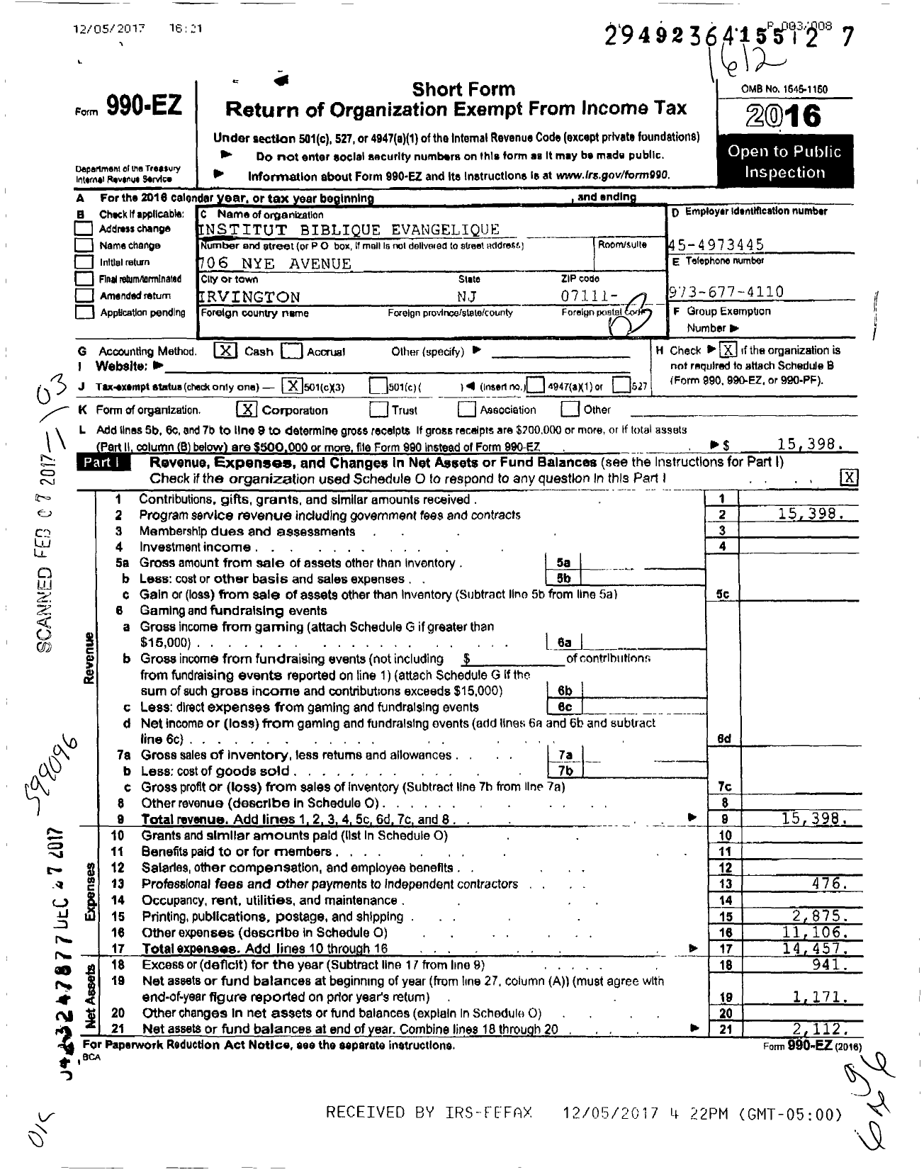 Image of first page of 2016 Form 990EZ for Institut Biblique Evangelique