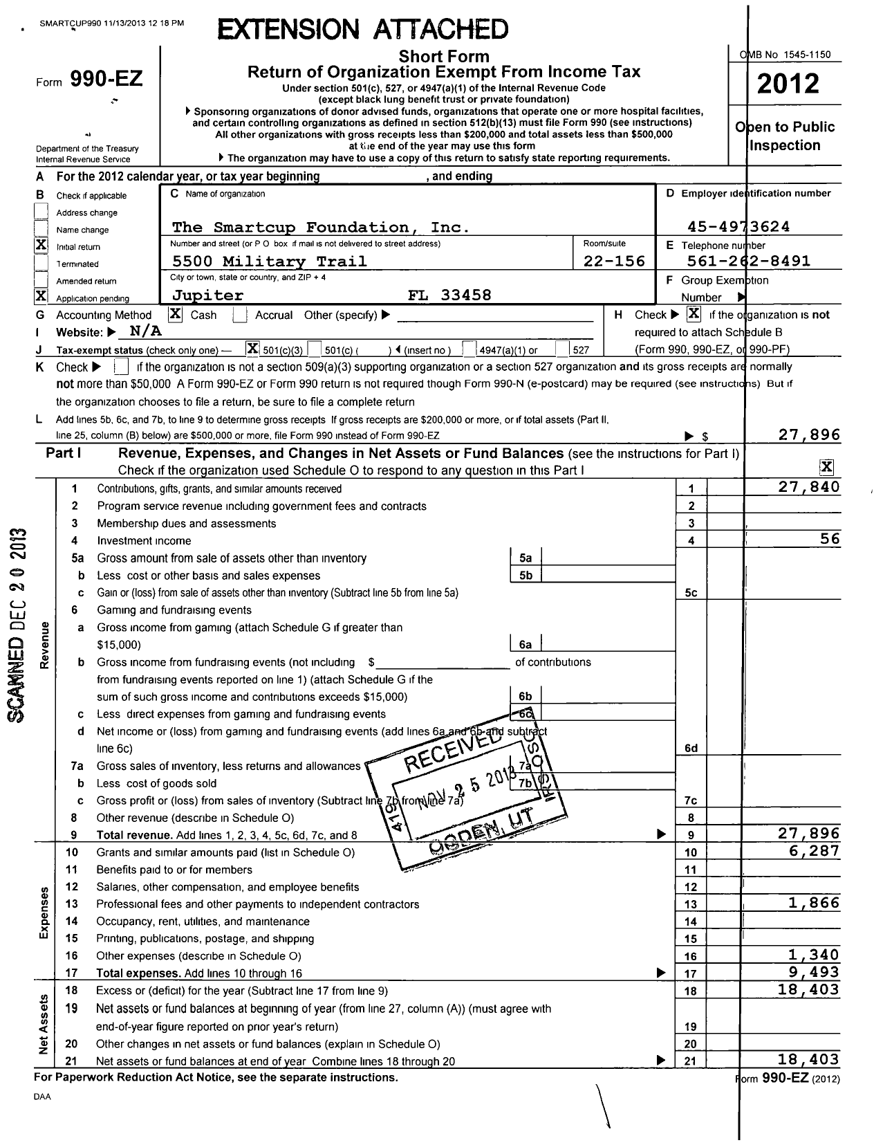 Image of first page of 2012 Form 990EZ for Smartcup Foundation