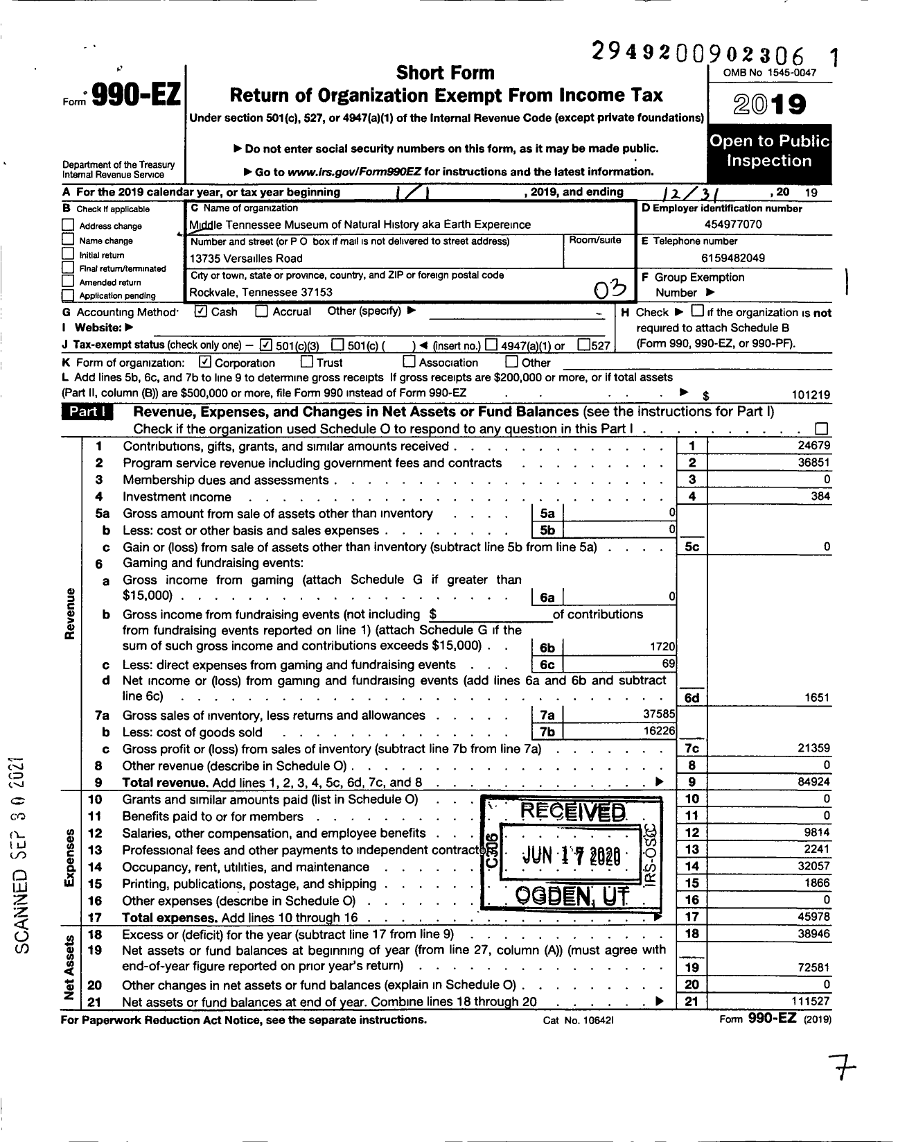 Image of first page of 2019 Form 990EZ for Earth Experience