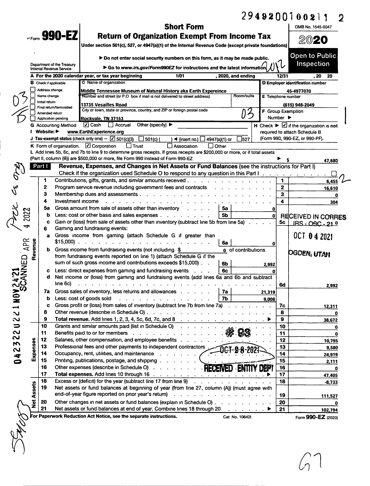 Image of first page of 2020 Form 990EZ for Earth Experience