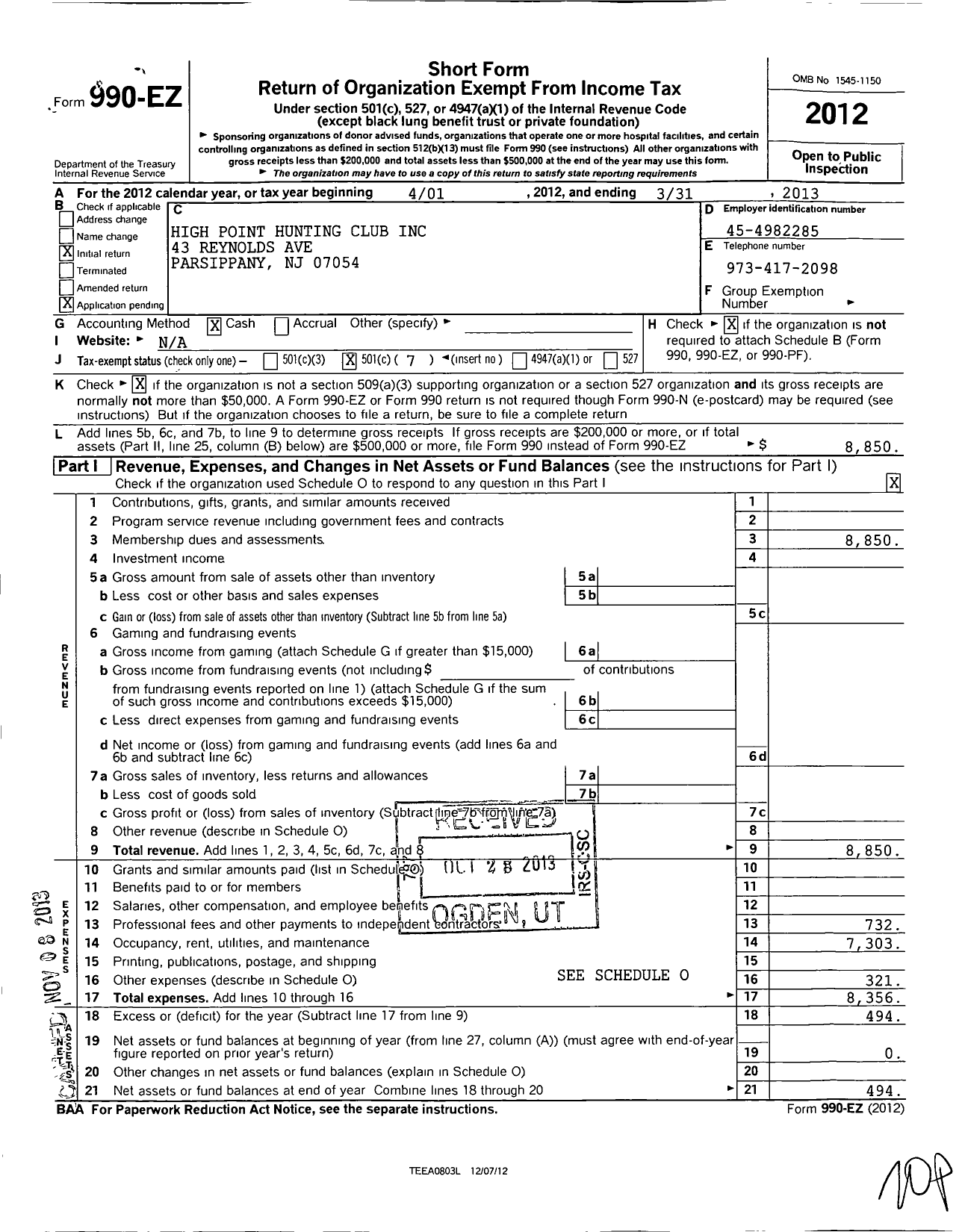 Image of first page of 2012 Form 990EO for High Point Hunting Club