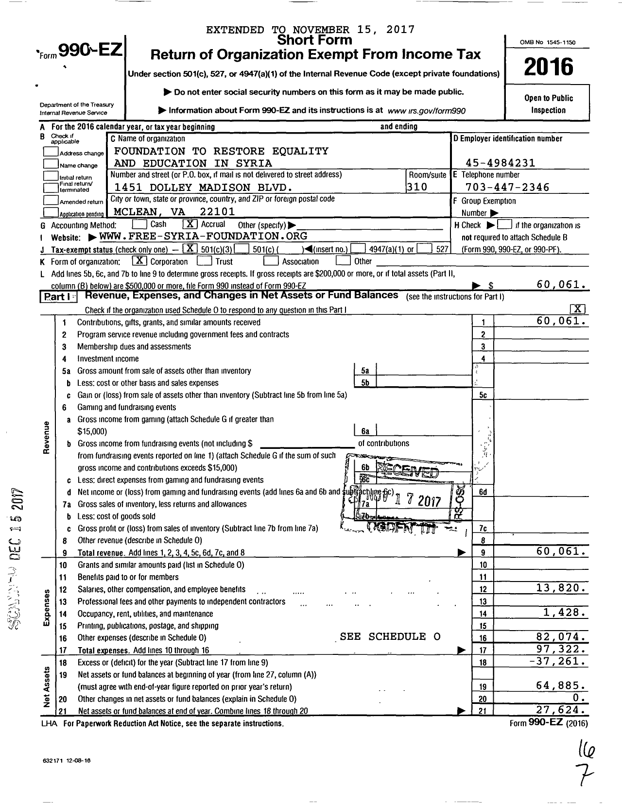 Image of first page of 2016 Form 990EZ for Foundation To Restore Equality AND EDUCATION IN SYRIA