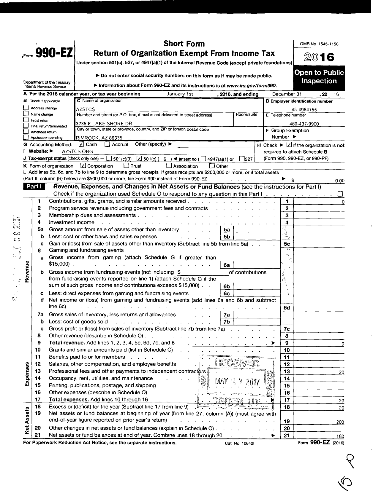 Image of first page of 2016 Form 990EO for Azstcs