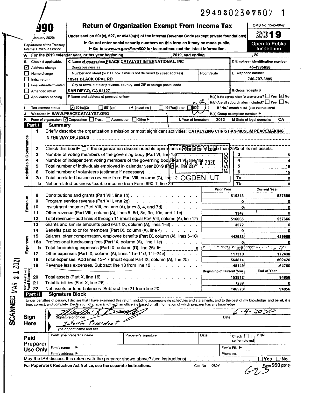 Image of first page of 2019 Form 990 for Peace Catalyst International